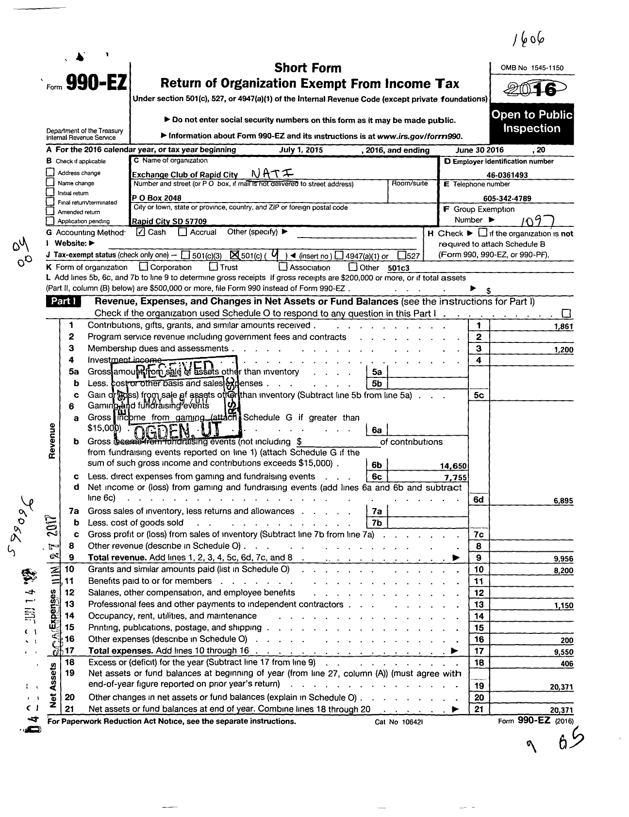 Image of first page of 2015 Form 990EO for National Exchange Club - 2096 Rapid City SD