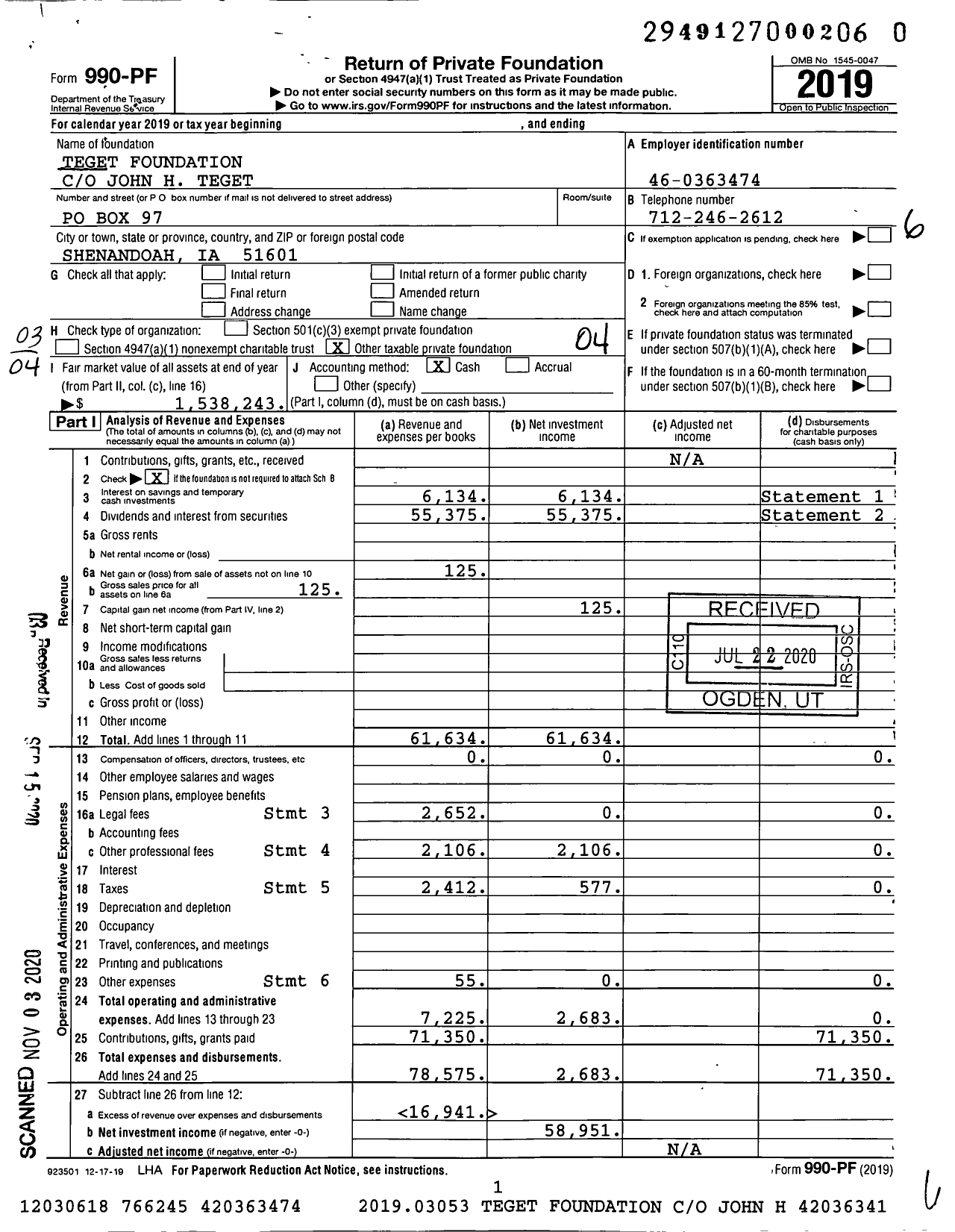 Image of first page of 2019 Form 990PF for Teget Foundation