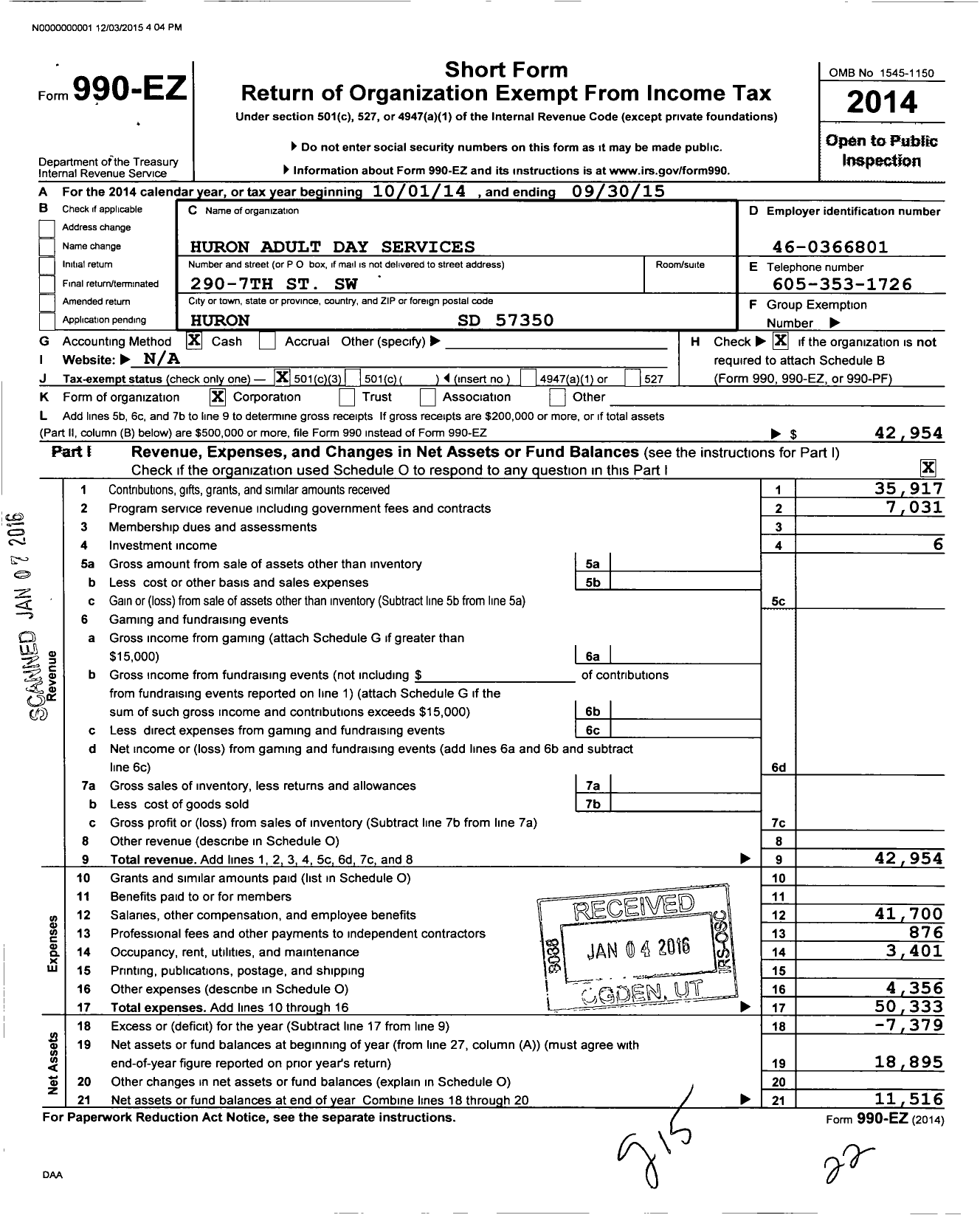 Image of first page of 2014 Form 990EZ for Huron Adult Day Services