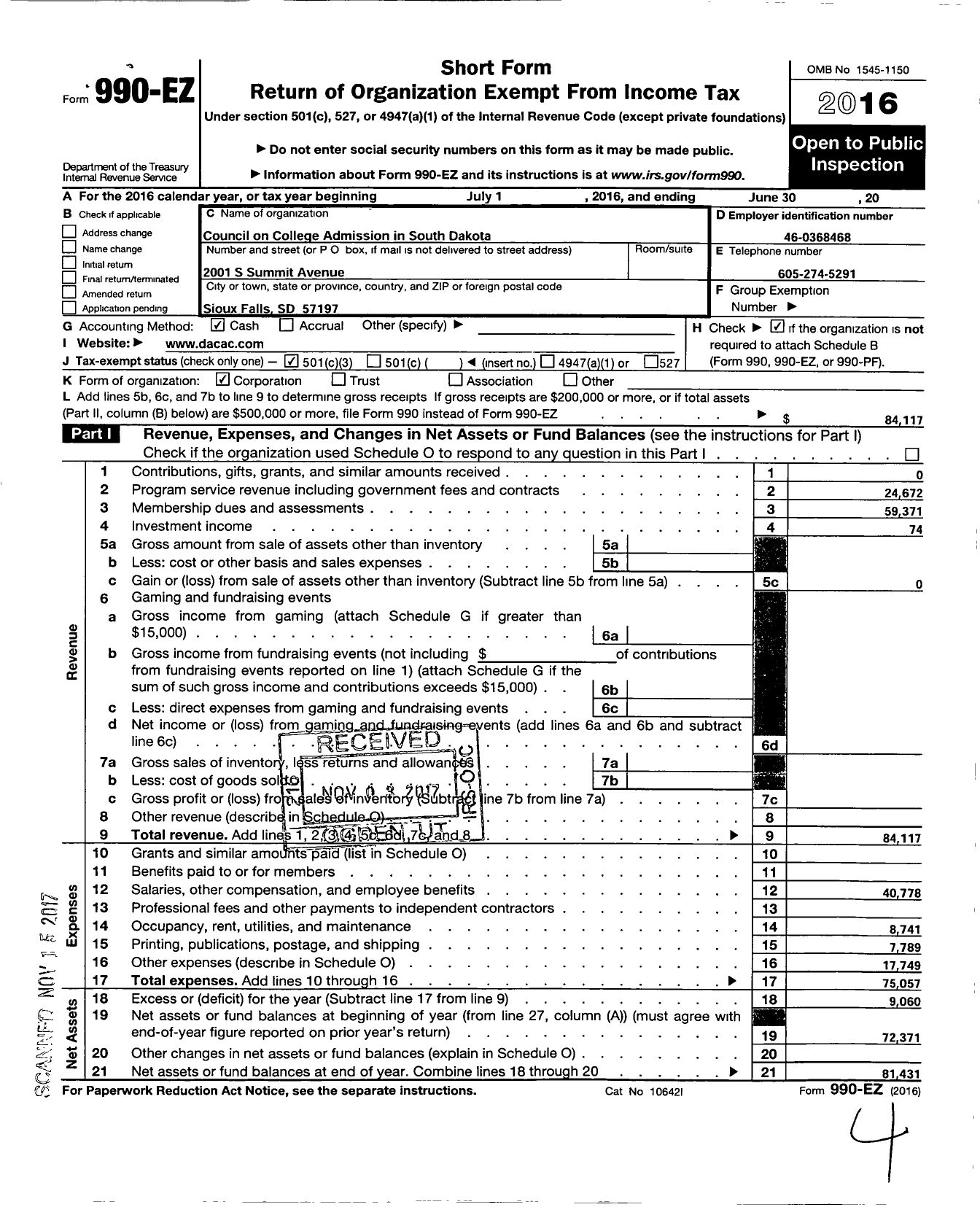 Image of first page of 2016 Form 990EZ for Council On College Admission In South Dakota