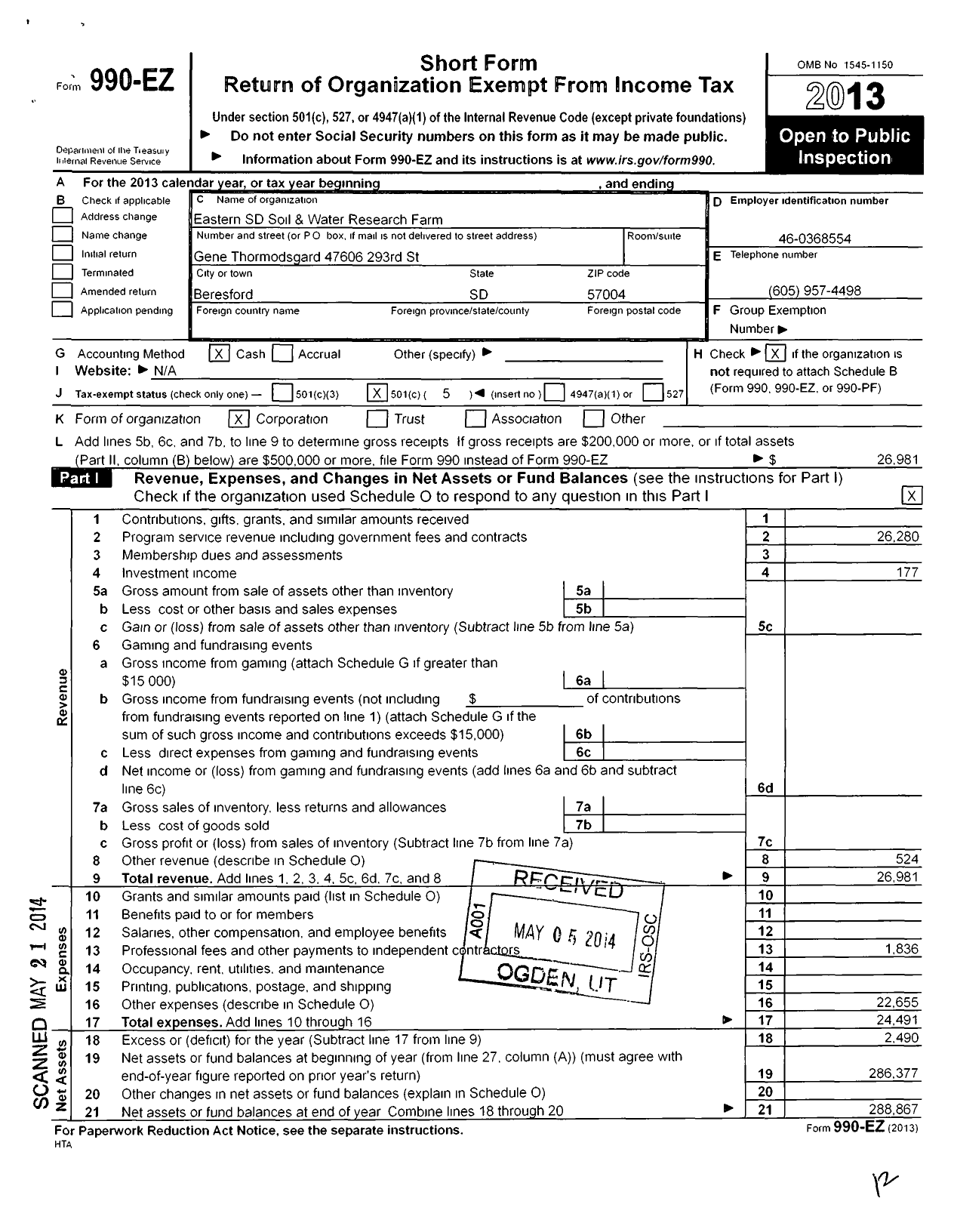 Image of first page of 2013 Form 990EO for Eastern So Dak Soil and Water Research Farm