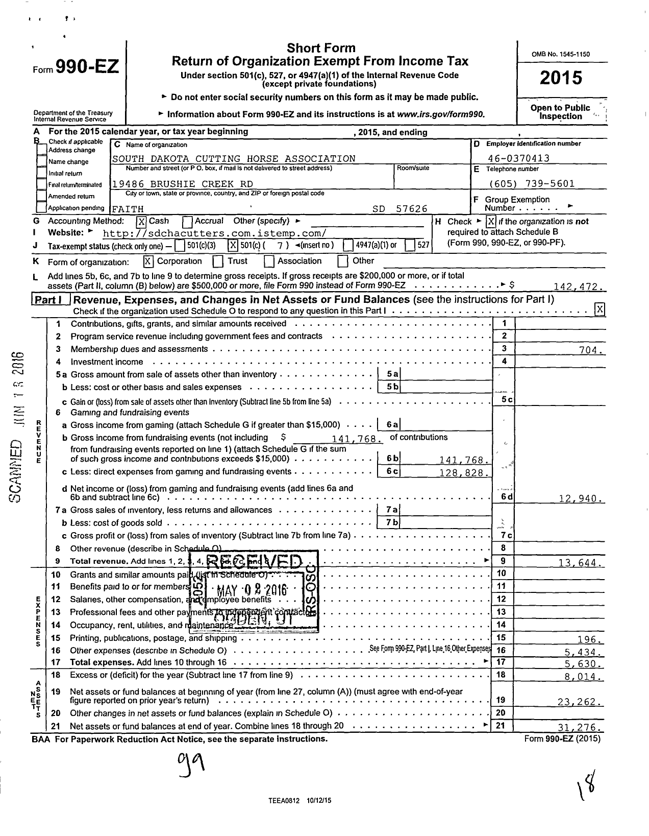 Image of first page of 2015 Form 990EO for South Dakota Cutting Horse Association