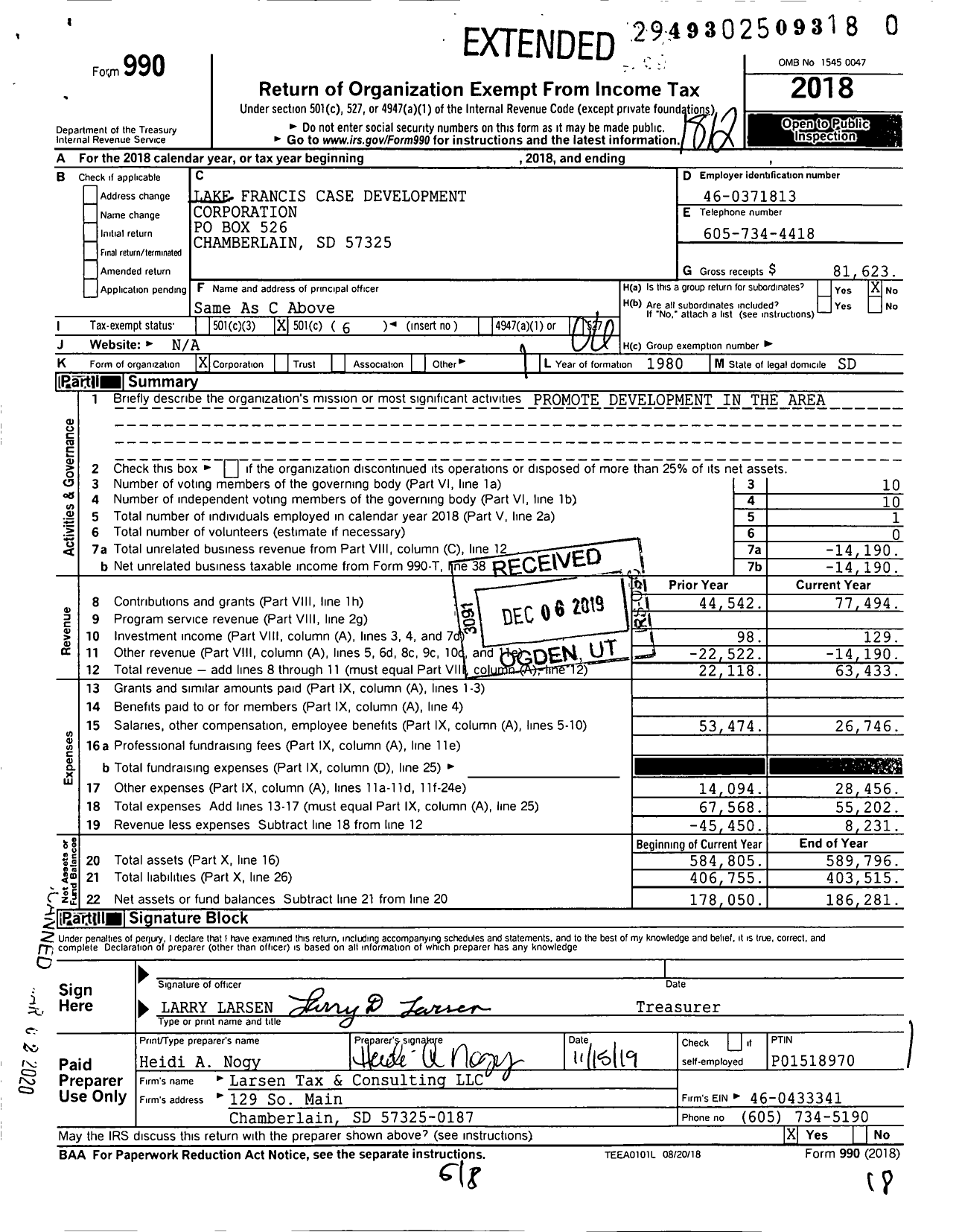 Image of first page of 2018 Form 990O for Lake Francis Case Development Corporation