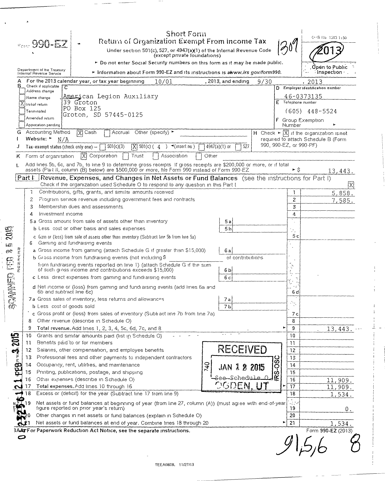 Image of first page of 2012 Form 990EO for American Legion Auxiliary - 39 Groton