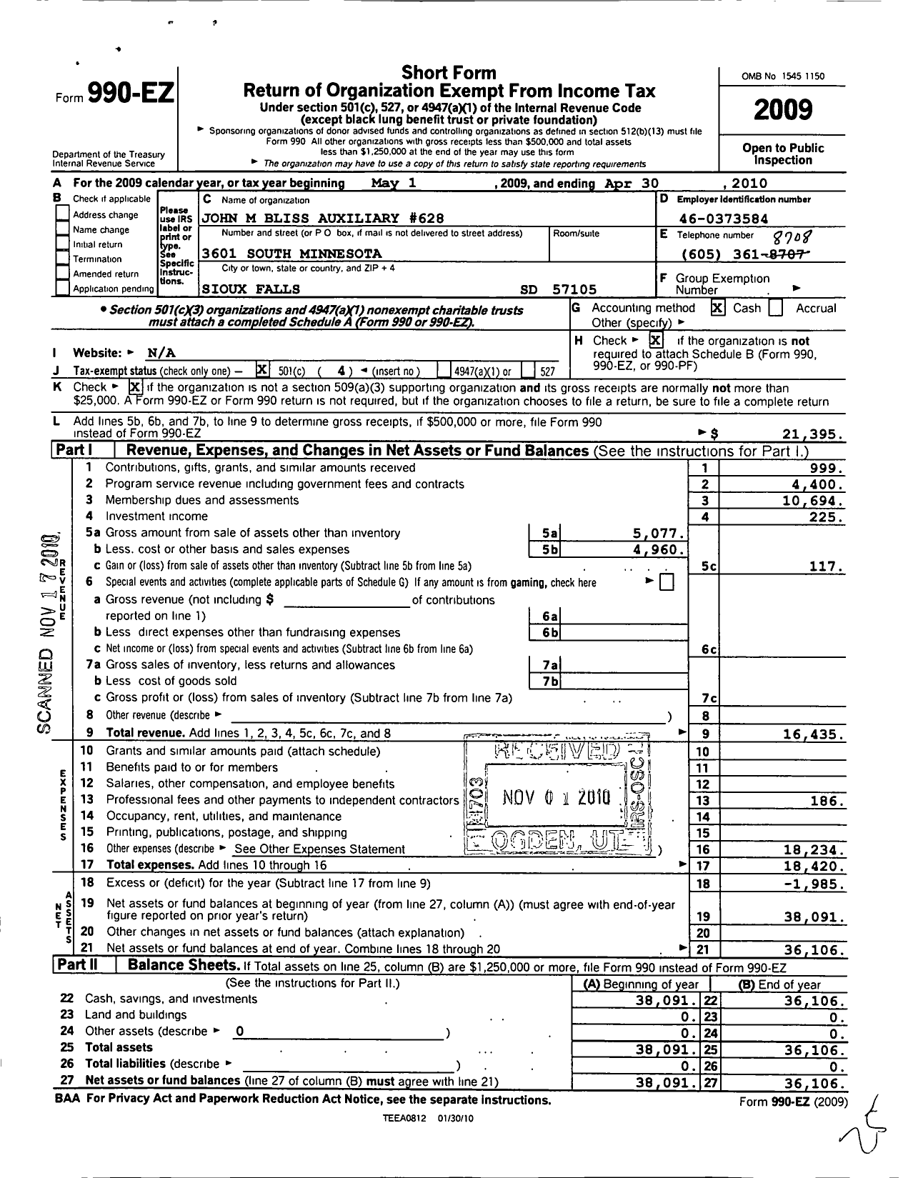 Image of first page of 2009 Form 990EO for Veterans of Foreign Wars Department of South Dakota Auxiliary - 0628 John M Bliss Auxiliary