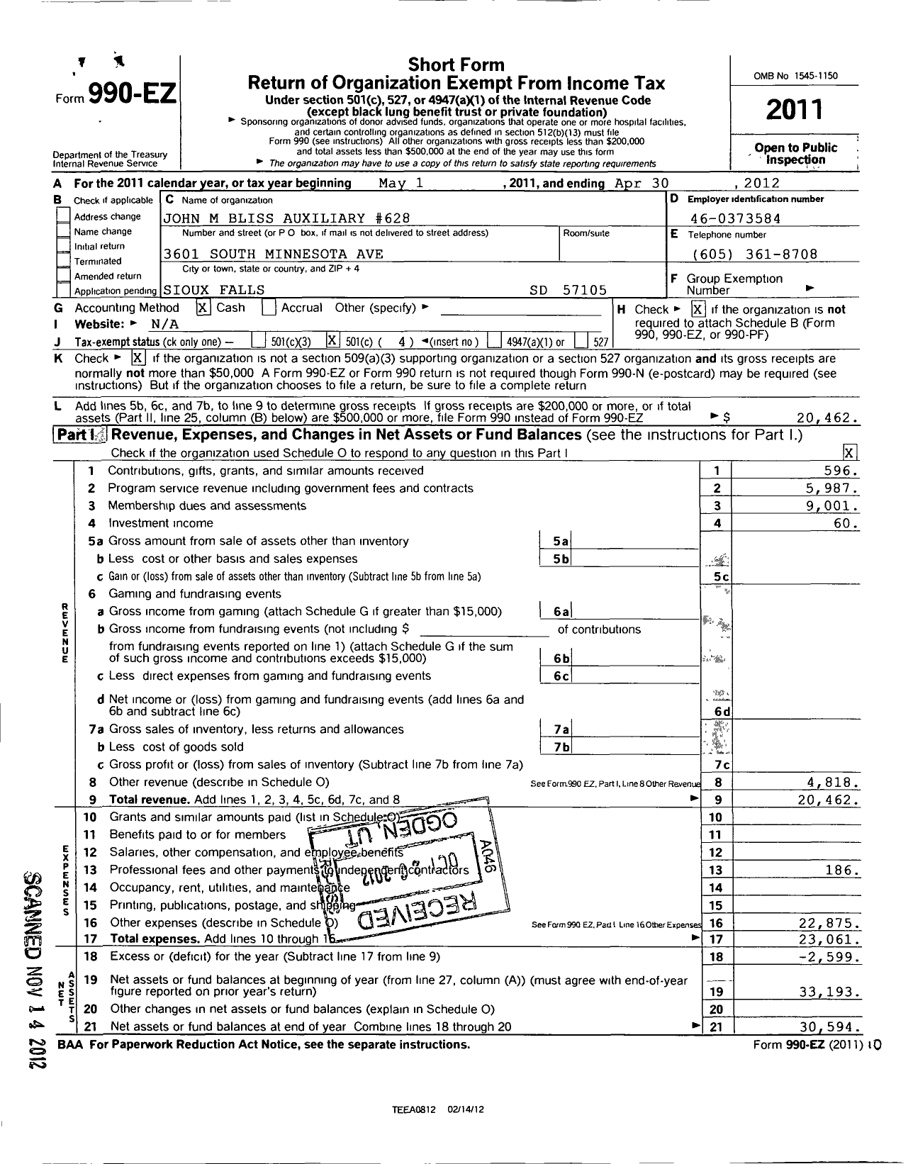 Image of first page of 2011 Form 990EO for Veterans of Foreign Wars Department of South Dakota Auxiliary - 0628 John M Bliss Auxiliary