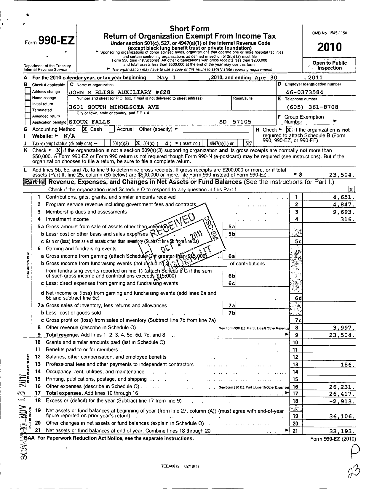 Image of first page of 2010 Form 990EO for Veterans of Foreign Wars Department of South Dakota Auxiliary - 0628 John M Bliss Auxiliary