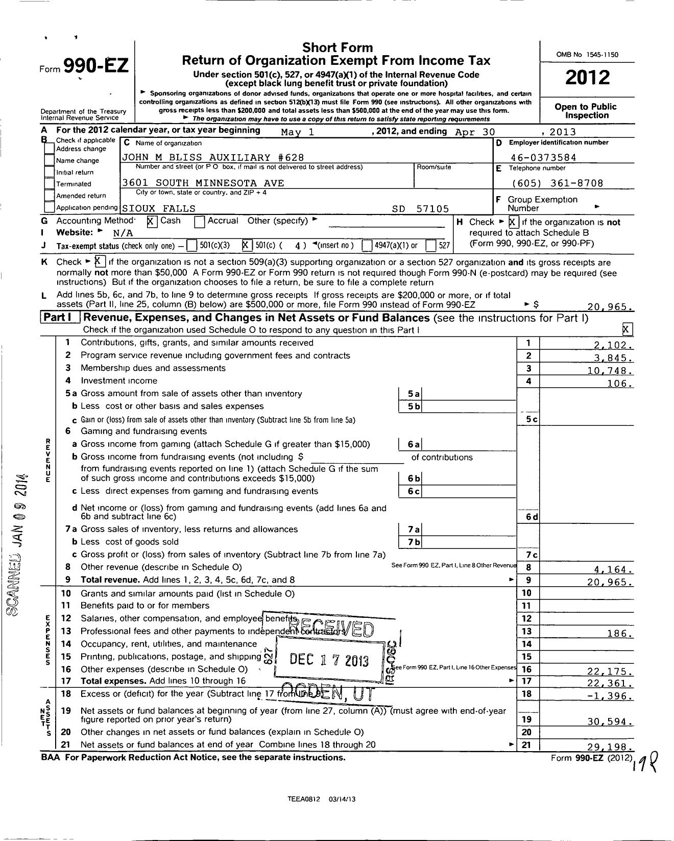 Image of first page of 2012 Form 990EO for Veterans of Foreign Wars Department of South Dakota Auxiliary - 0628 John M Bliss Auxiliary