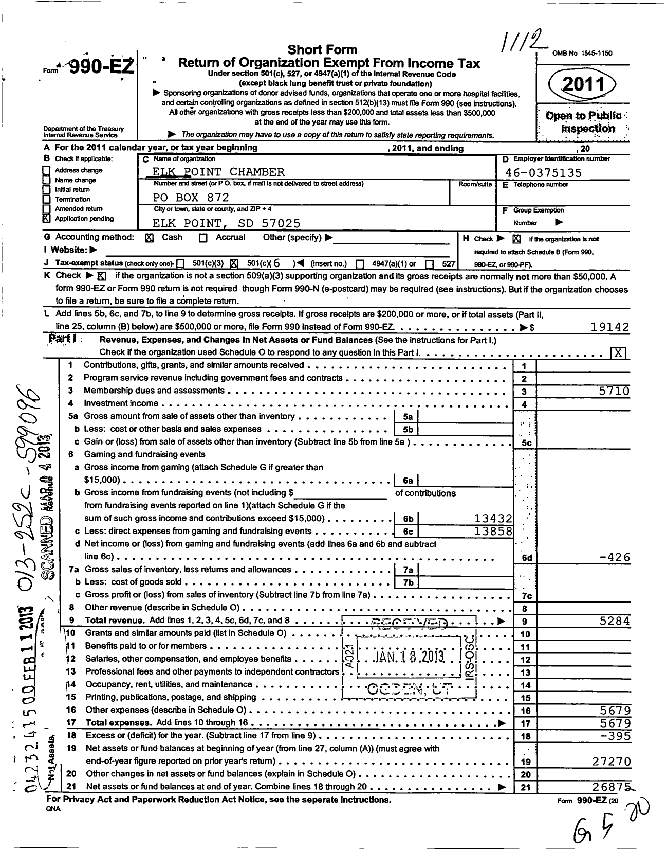 Image of first page of 2011 Form 990EO for Elk Point Chamber