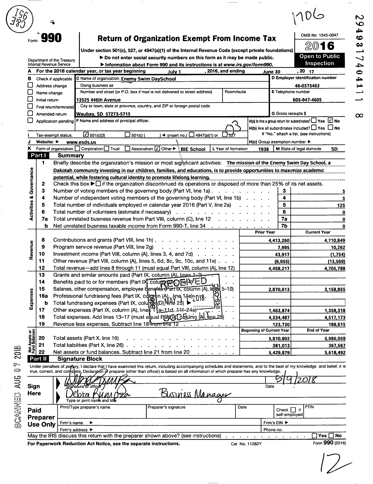 Image of first page of 2016 Form 990 for Enemy Swim Day School