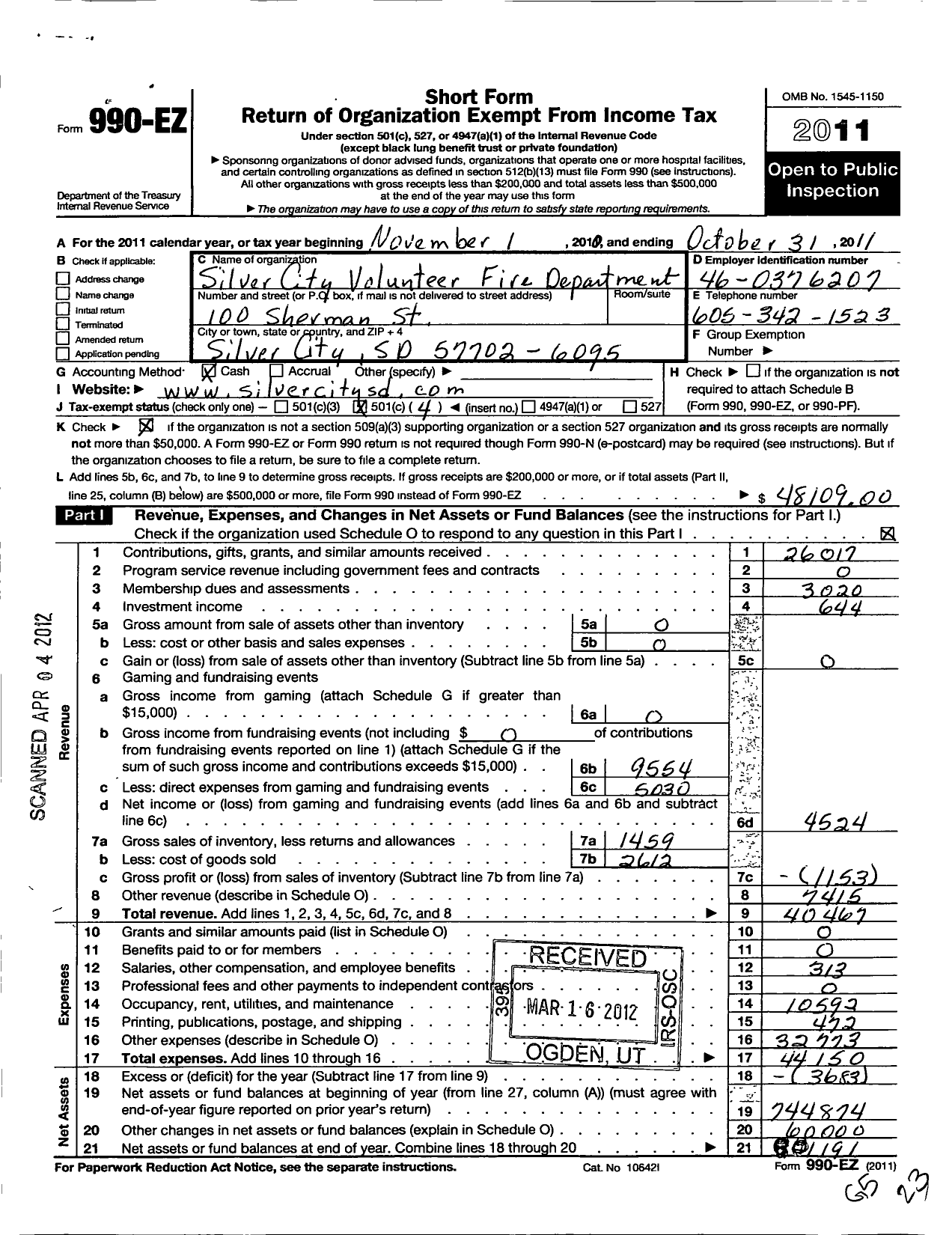 Image of first page of 2010 Form 990EO for Silver City Volunteer Fire Department