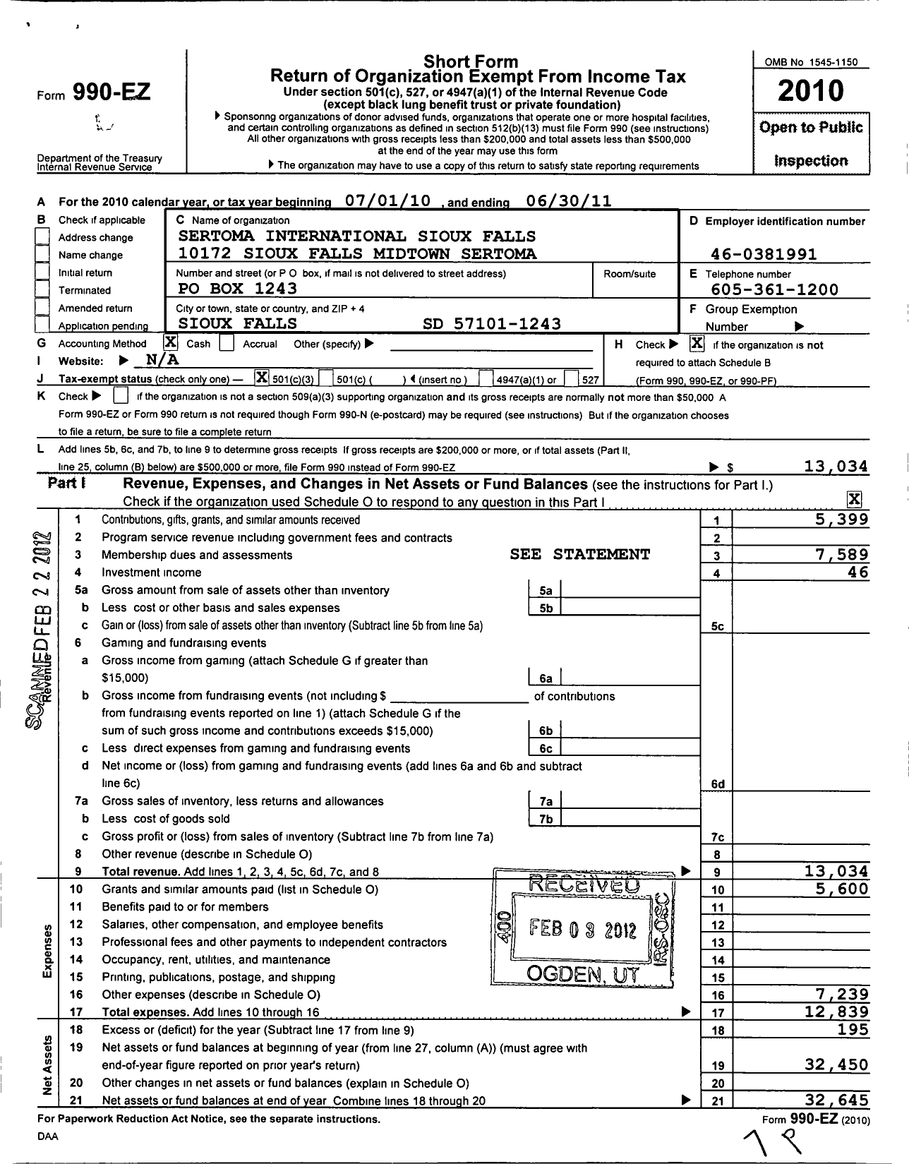 Image of first page of 2010 Form 990EZ for Sertoma - 10172 Sioux Falls Midtwon Sertoma C