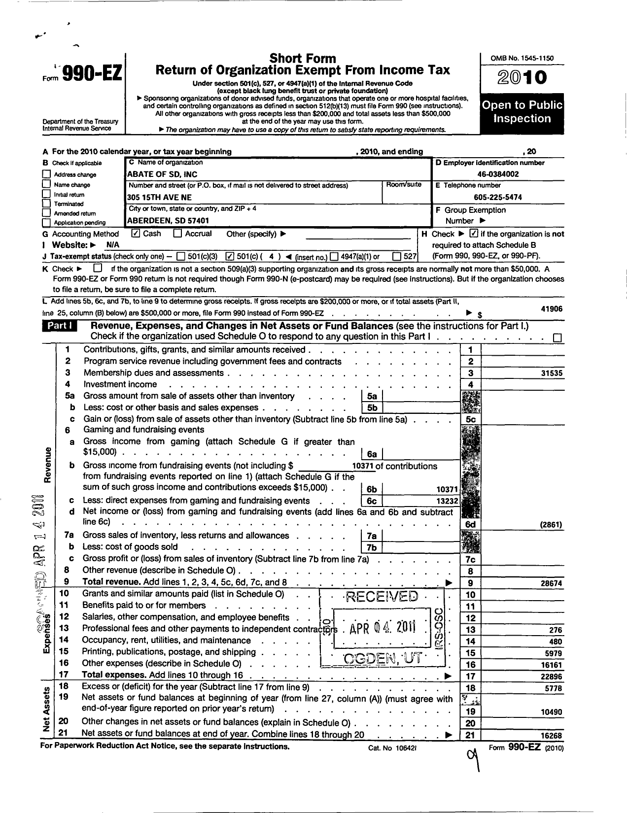 Image of first page of 2010 Form 990EO for Abate of South Dakota