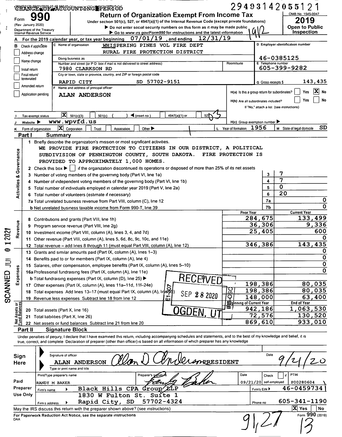 Image of first page of 2019 Form 990 for Whispering Pines Volunteer Fire Dept Rural Fire Protection District