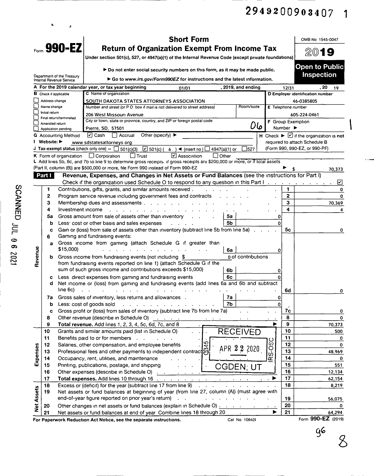 Image of first page of 2019 Form 990EO for South Dakota States Attorneys Association