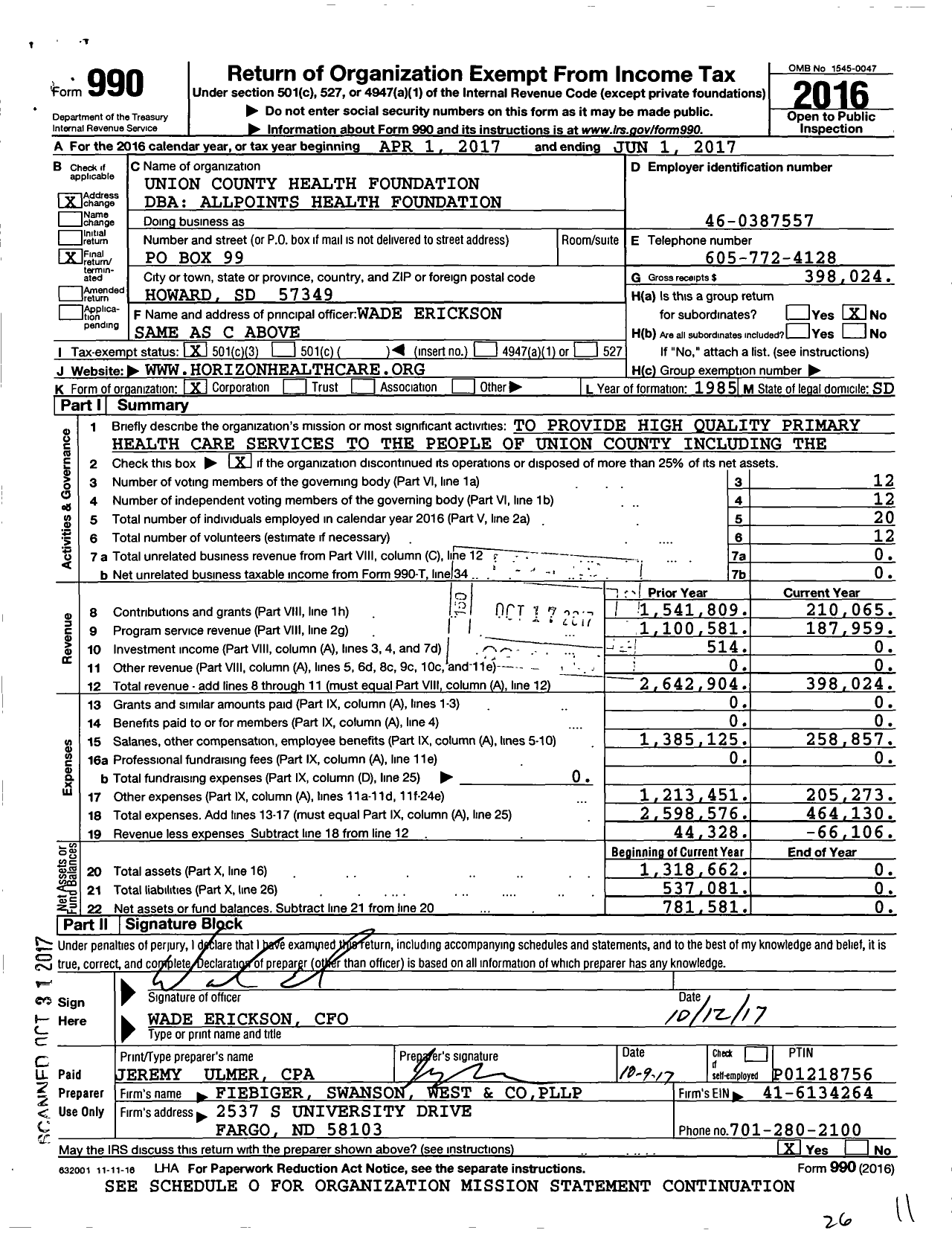 Image of first page of 2016 Form 990 for allPOINTS HEALTH Foundation