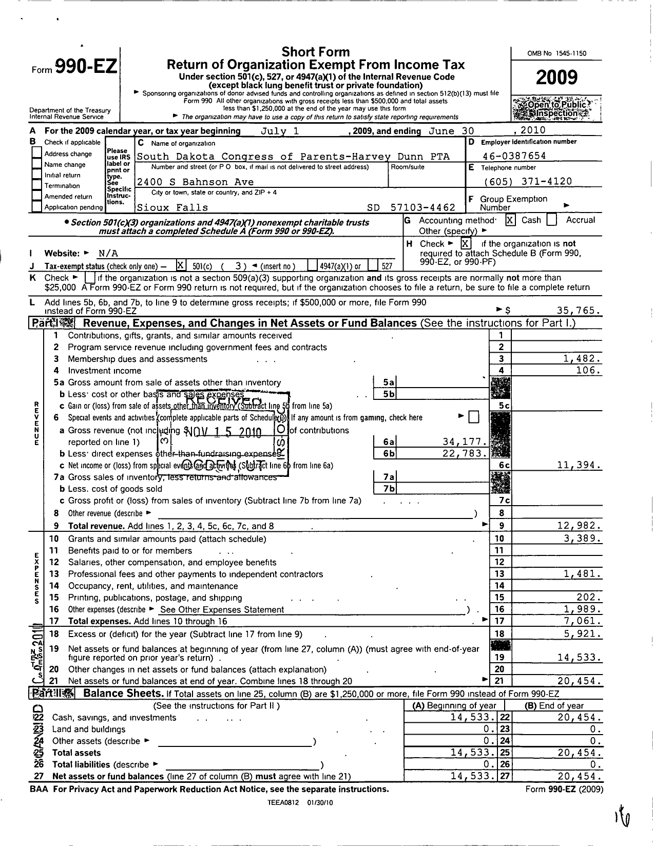 Image of first page of 2009 Form 990EZ for South Dakota Congress of Parents-Harvey Dunn PTA