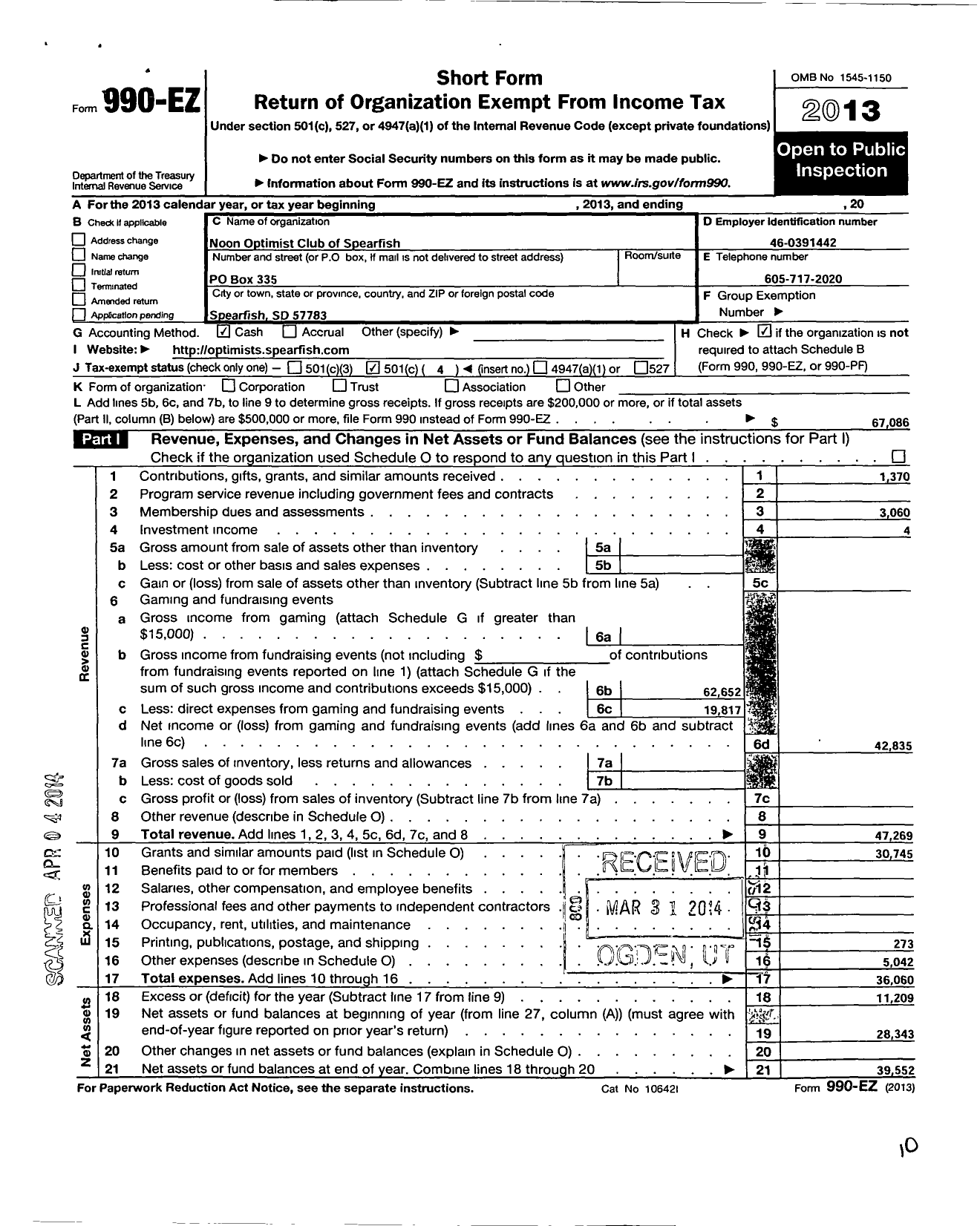 Image of first page of 2013 Form 990EO for Optimist International - 35158 Oc of Spearfish SD