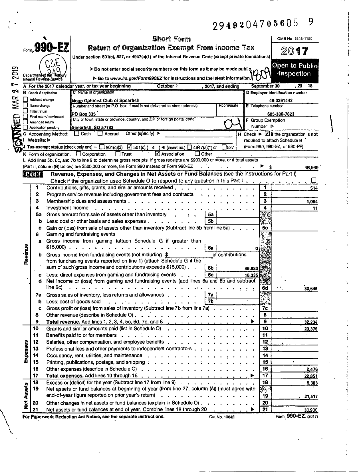 Image of first page of 2017 Form 990EO for Optimist International - 35158 Oc of Spearfish SD