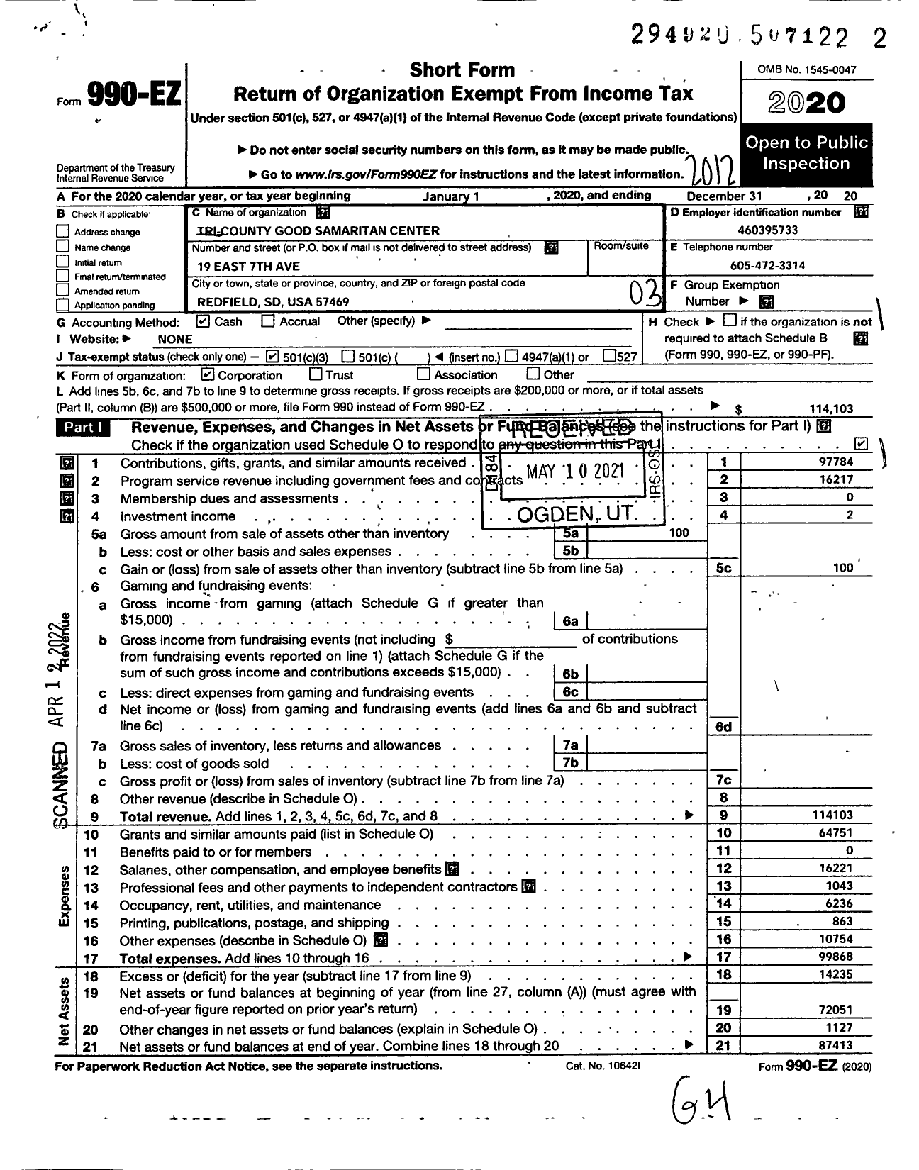 Image of first page of 2020 Form 990EZ for Tri-County Good Samaritan Center