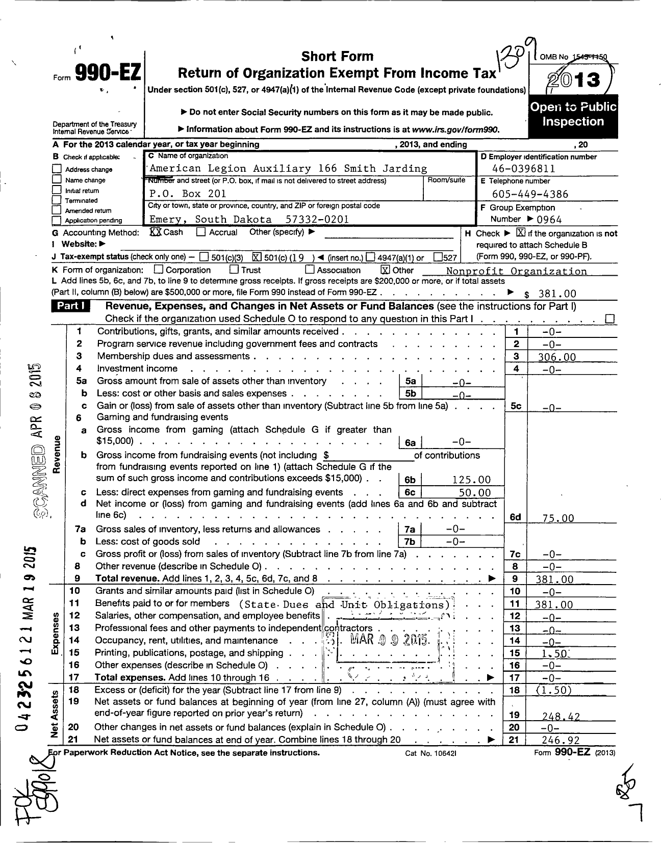 Image of first page of 2012 Form 990EO for American Legion Auxiliary - 166 Smith Jarding