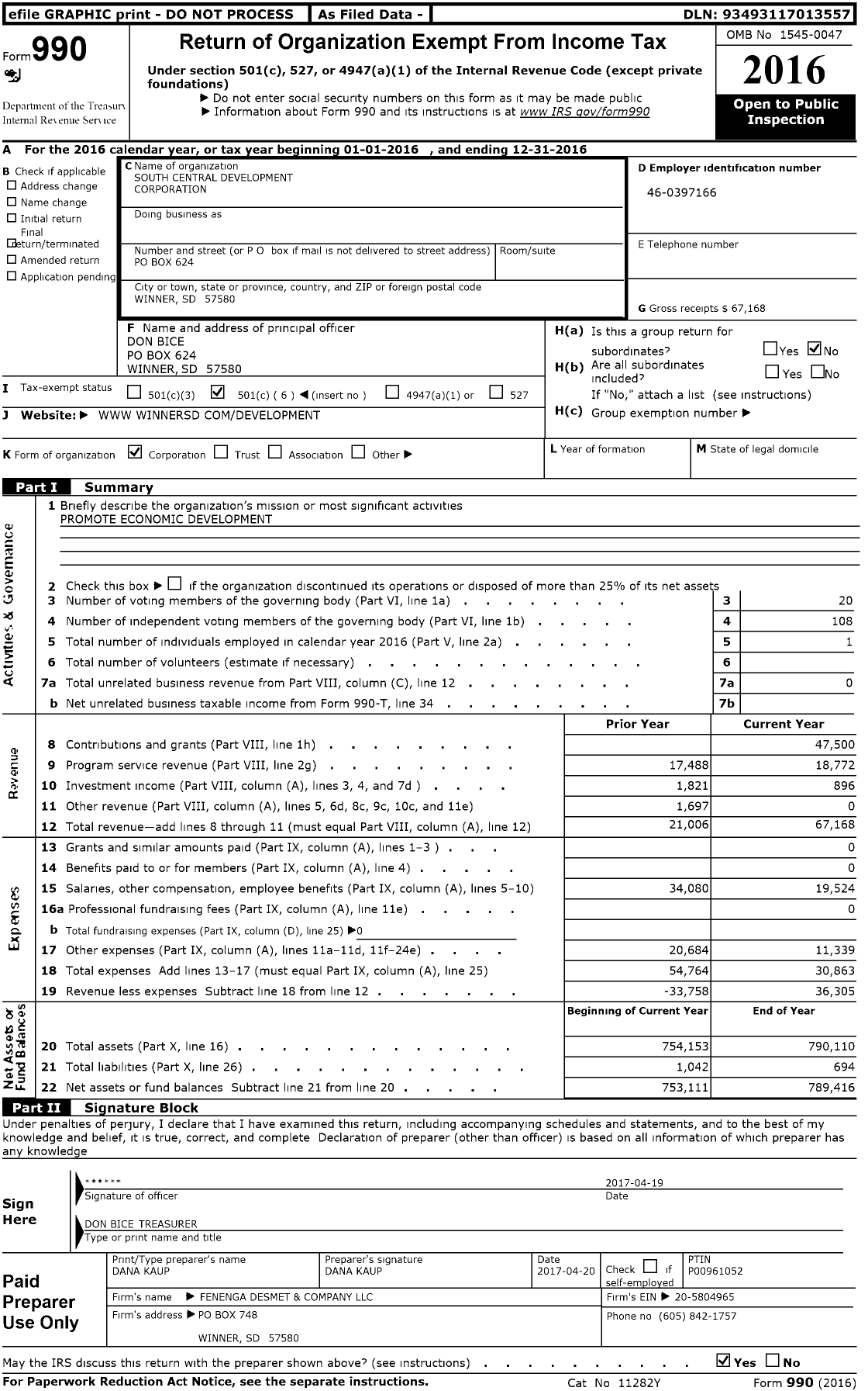 Image of first page of 2016 Form 990O for South Central Development Corporation