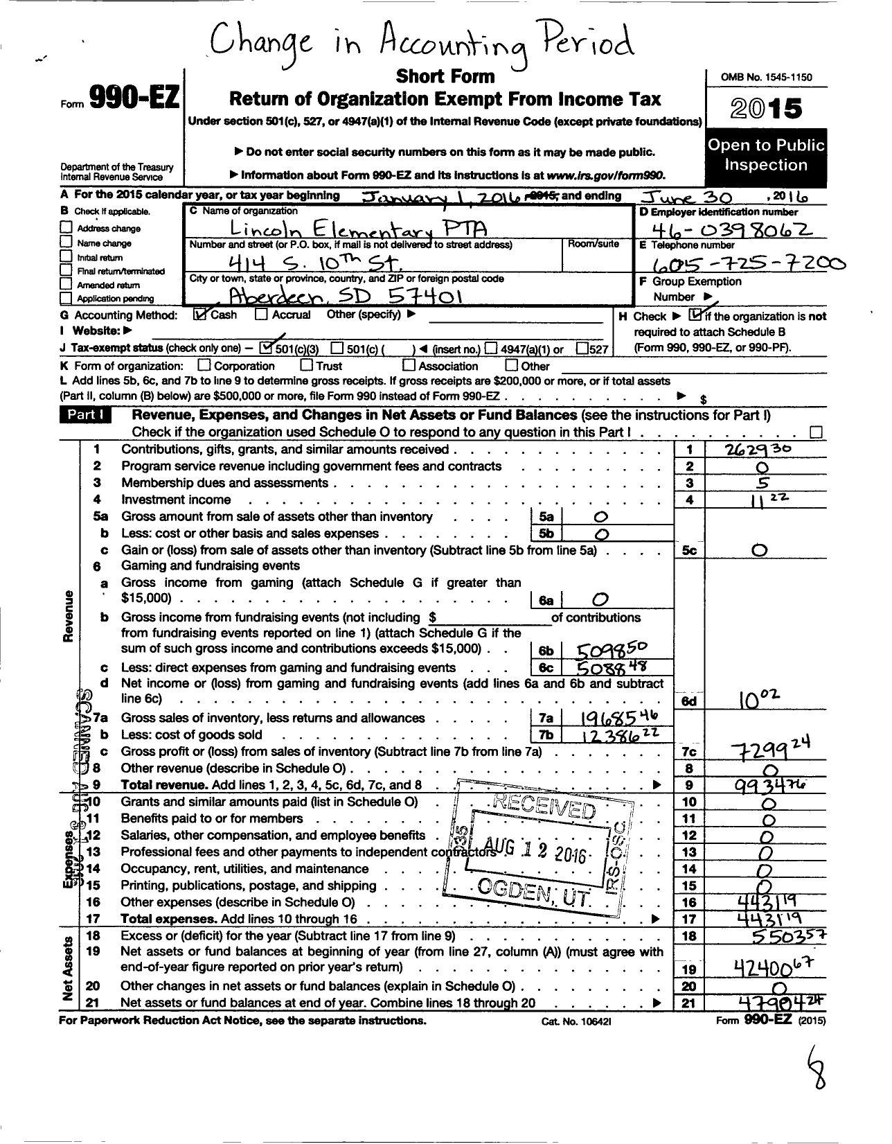 Image of first page of 2015 Form 990EZ for South Dakota Congress of Parents and Teachers / Lincoln Elementary PTA