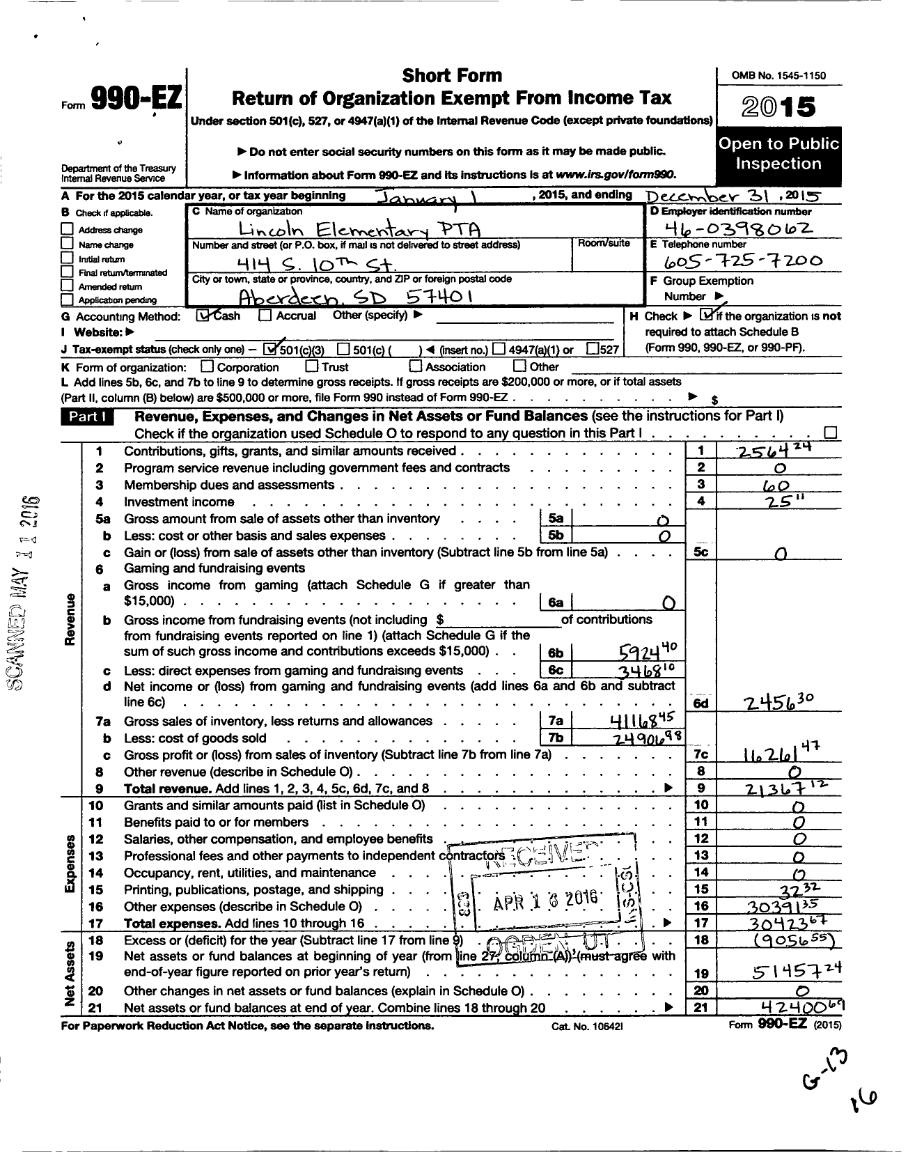 Image of first page of 2015 Form 990EZ for South Dakota Congress of Parents and Teachers / Lincoln Elementary PTA