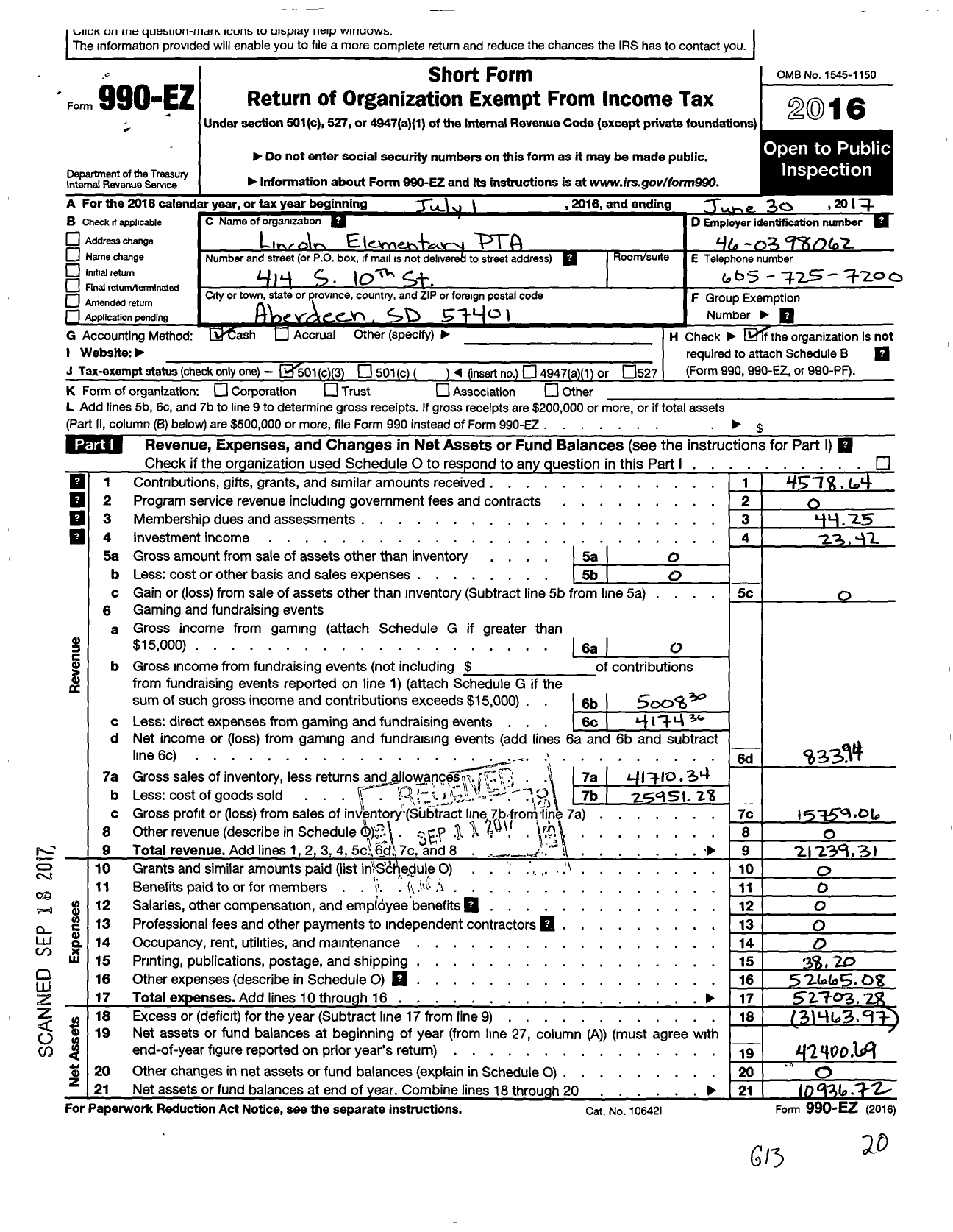 Image of first page of 2016 Form 990EZ for South Dakota Congress of Parents and Teachers / Lincoln Elementary PTA