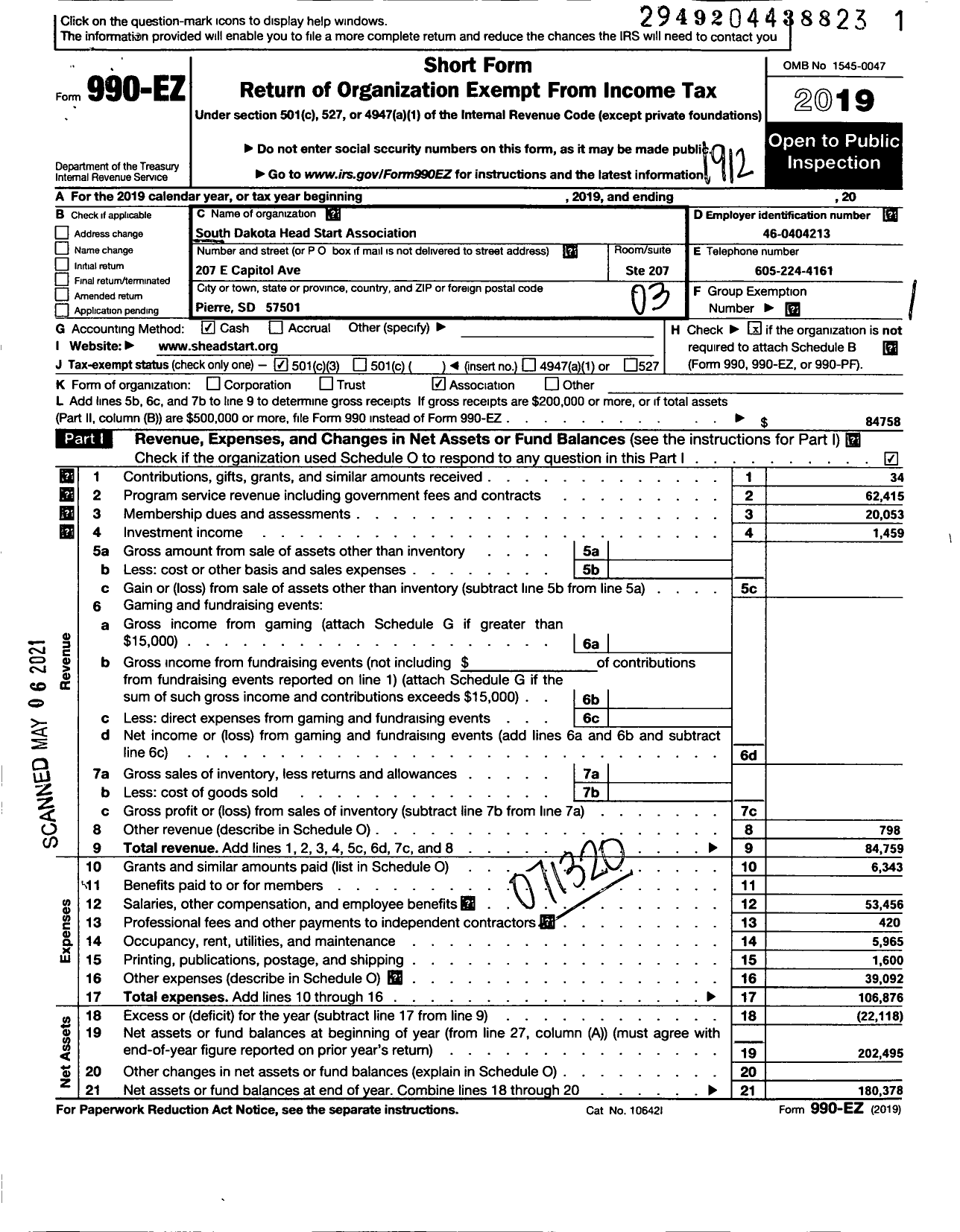 Image of first page of 2019 Form 990EZ for South Dakota Head Start Association