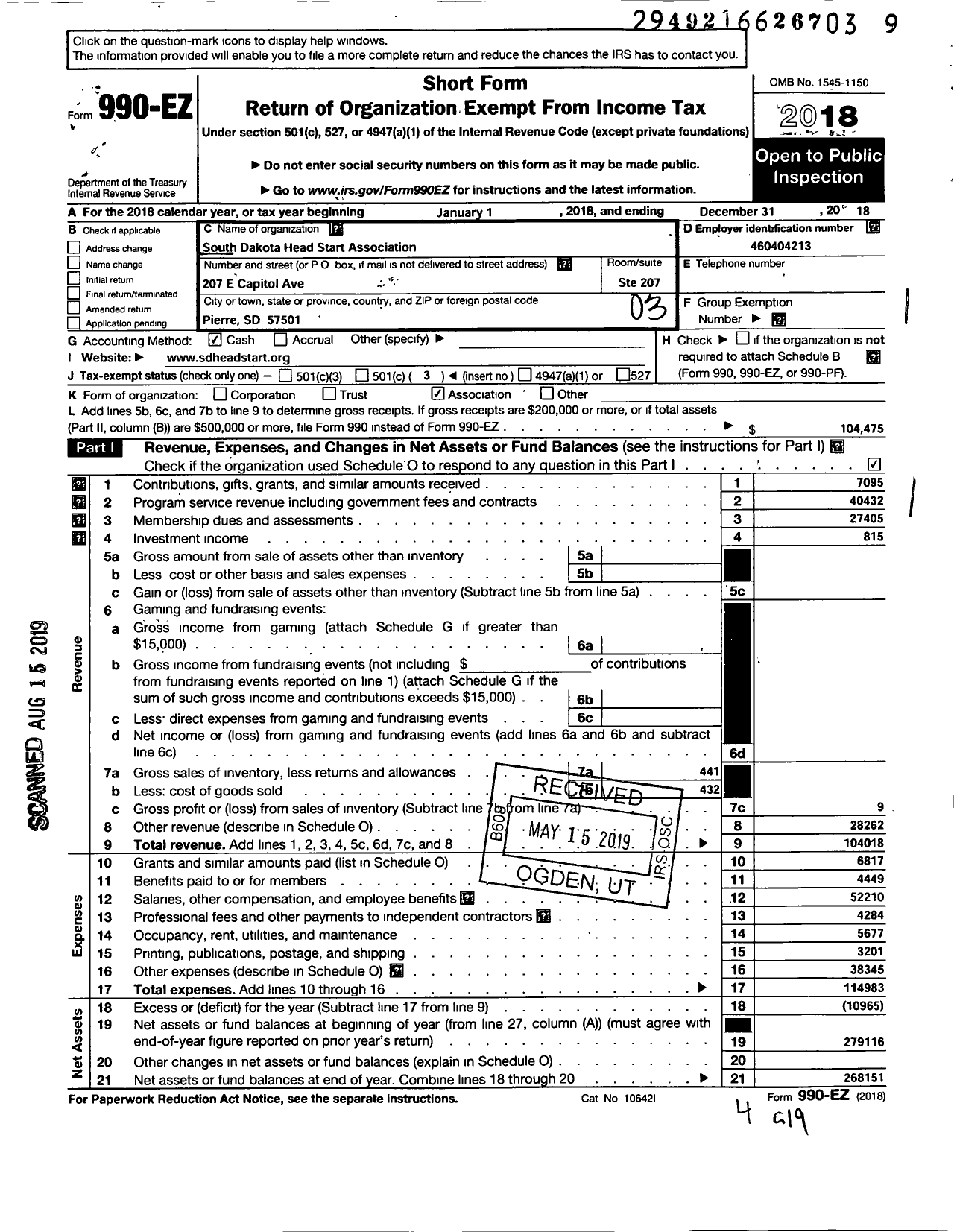 Image of first page of 2018 Form 990EZ for South Dakota Head Start Association