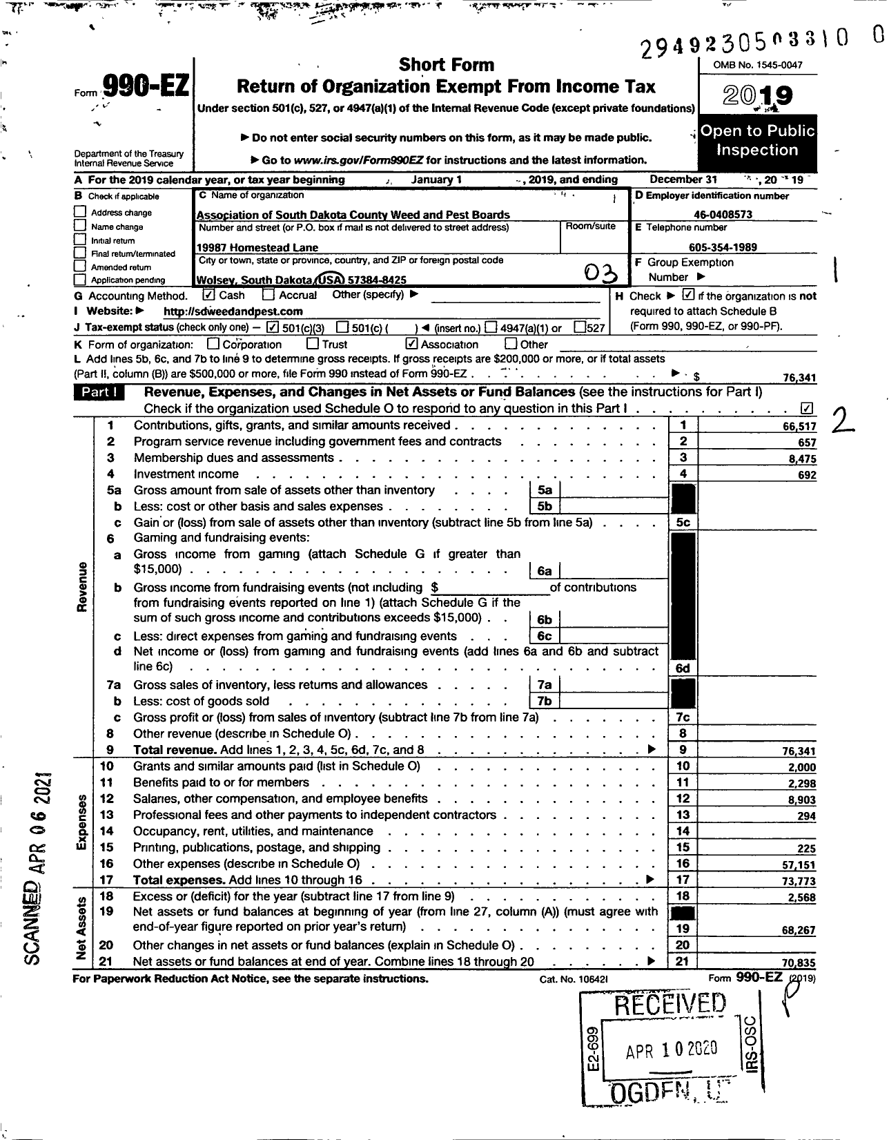 Image of first page of 2019 Form 990EZ for Association of SD Weed and Pest Boards