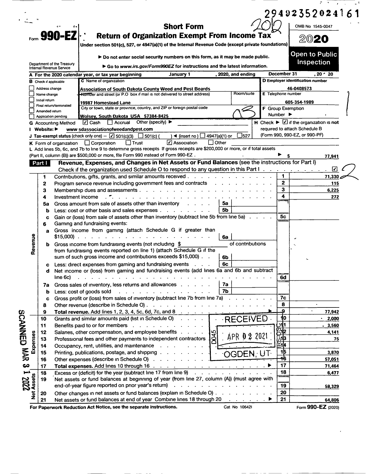 Image of first page of 2020 Form 990EZ for Association of SD Weed and Pest Boards