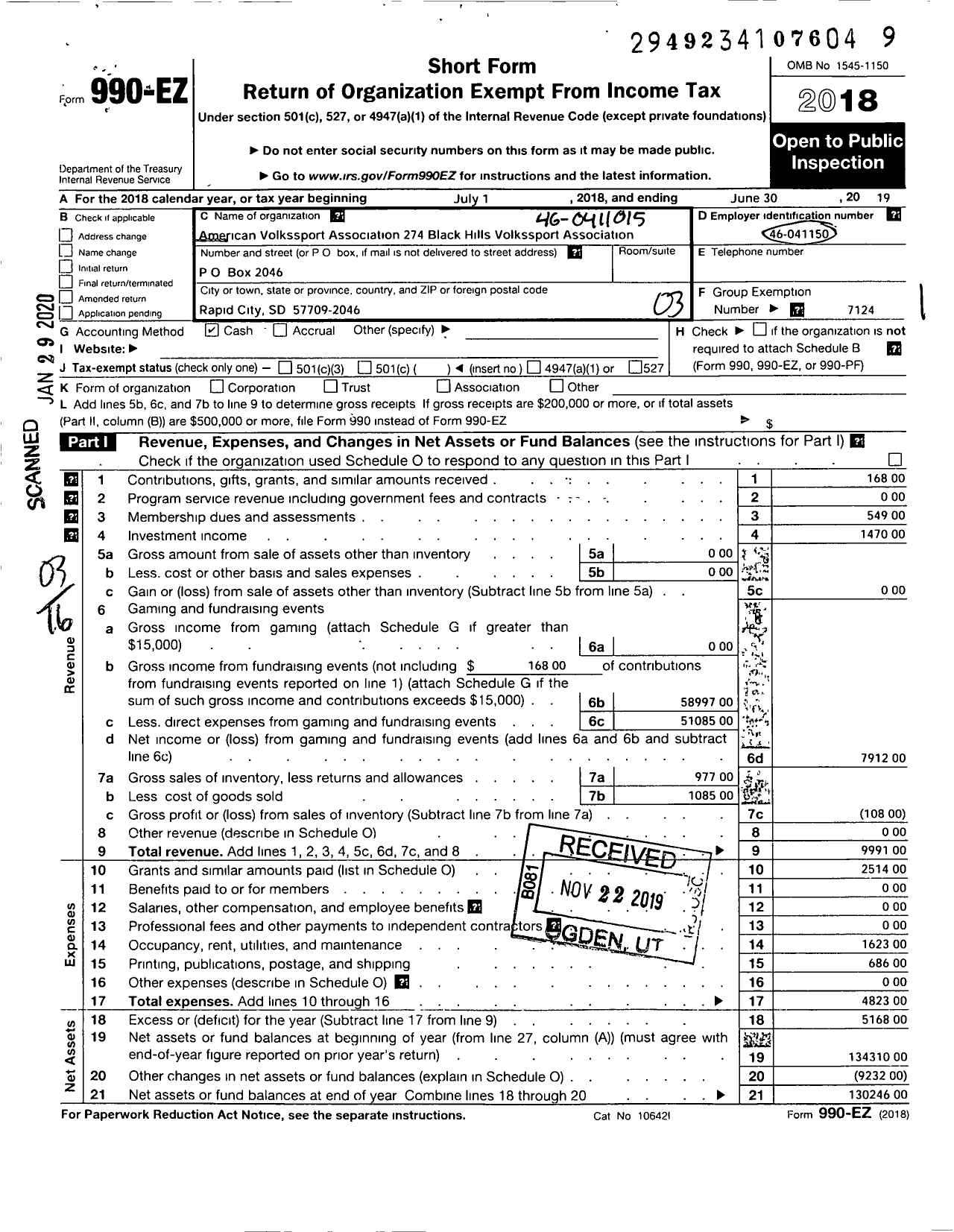 Image of first page of 2018 Form 990EZ for American Volkssport Association - 274 Black Hills Volkssport Association