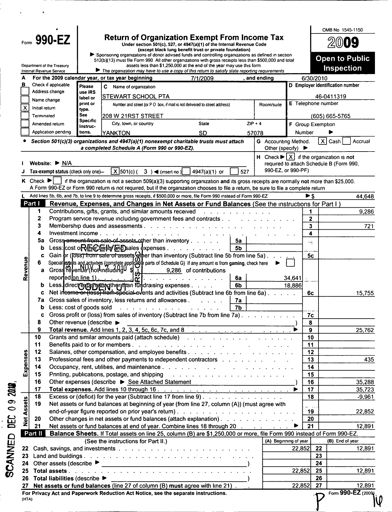 Image of first page of 2009 Form 990EZ for South Dakota Congress of Parents and Teachers / Stewart School PTA