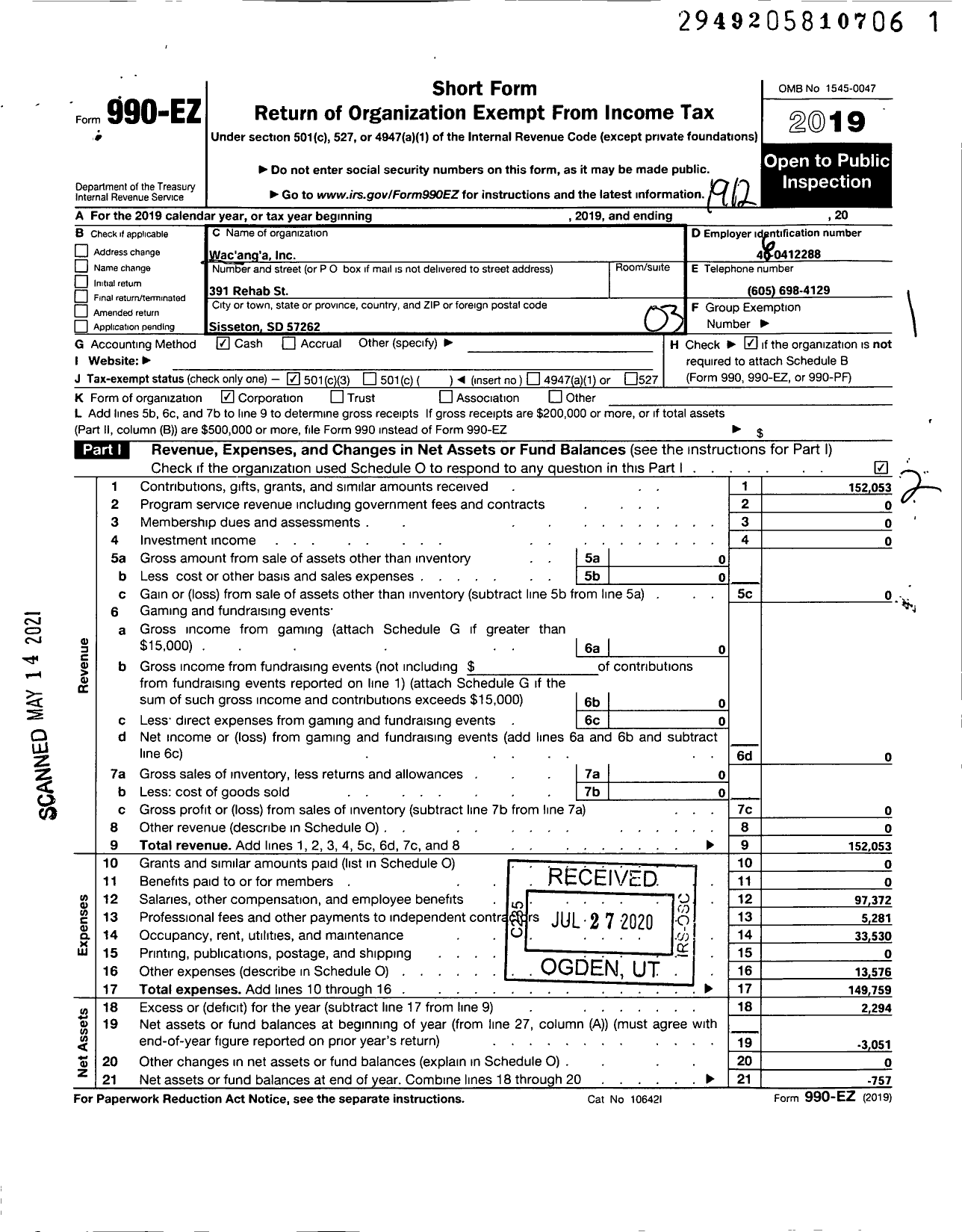 Image of first page of 2019 Form 990EZ for Wacanga