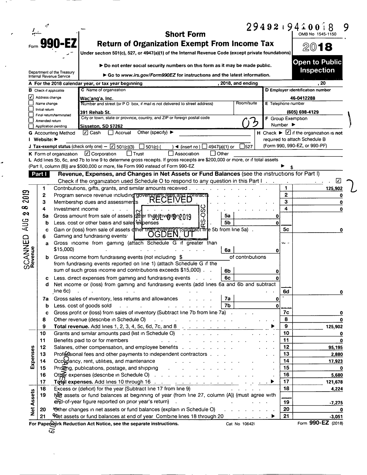 Image of first page of 2018 Form 990EZ for Wacanga