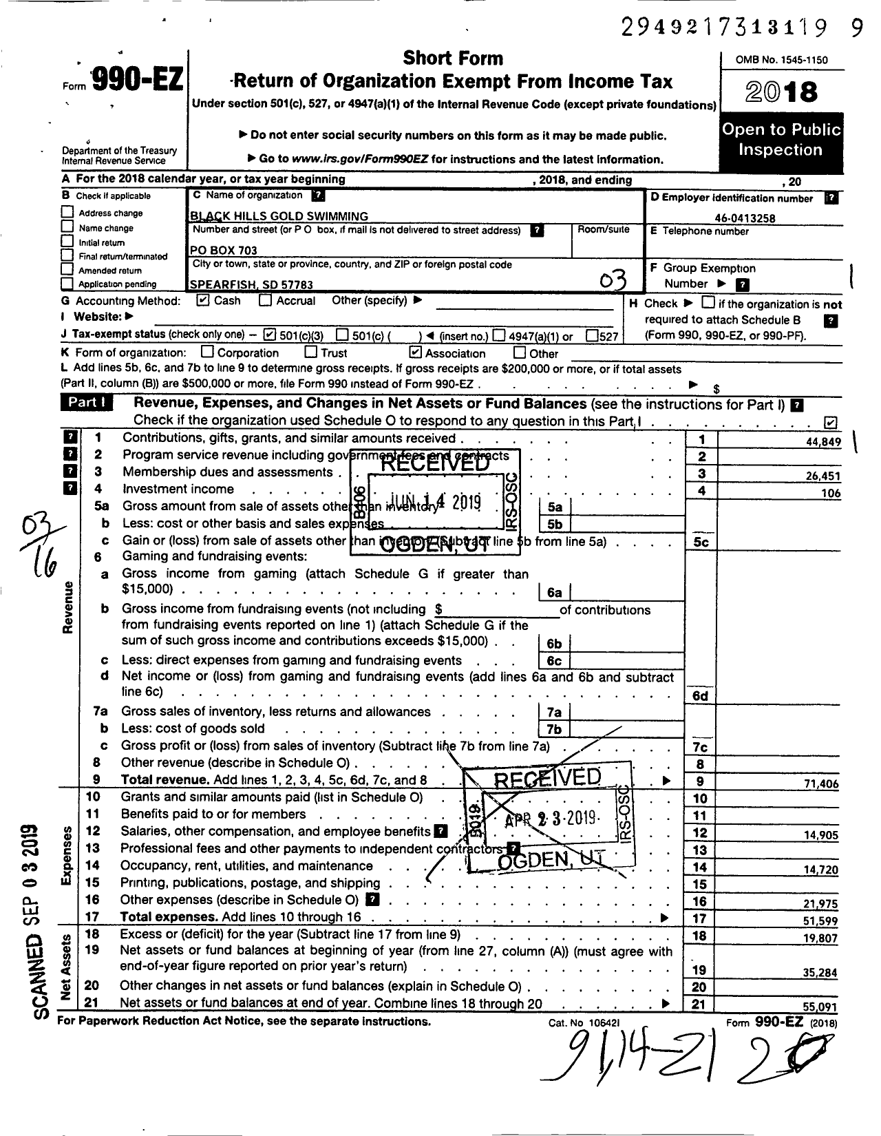 Image of first page of 2018 Form 990EZ for Black Hills Gold Swimming