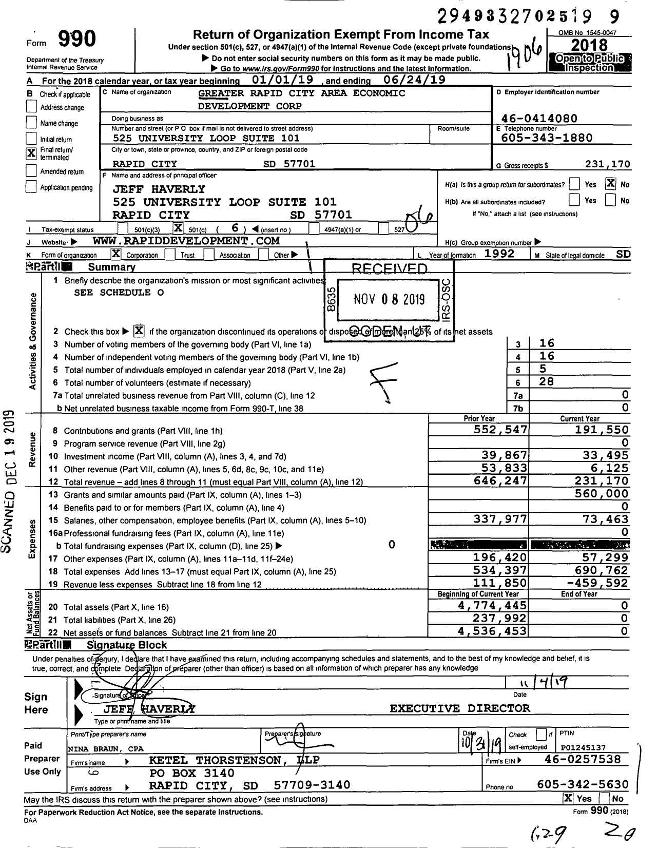 Image of first page of 2018 Form 990O for Greater Rapid City Area Economic Development Corporation