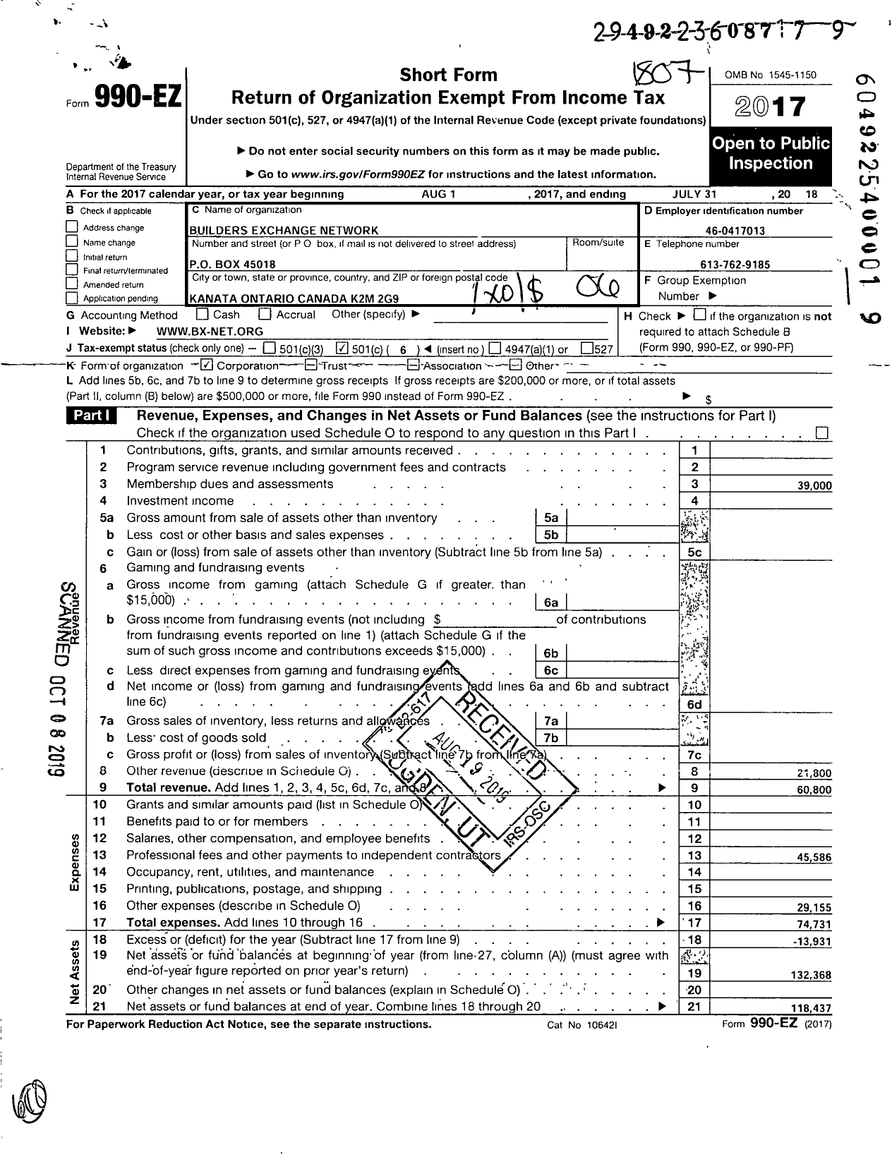 Image of first page of 2017 Form 990EO for Builders Exchange Network