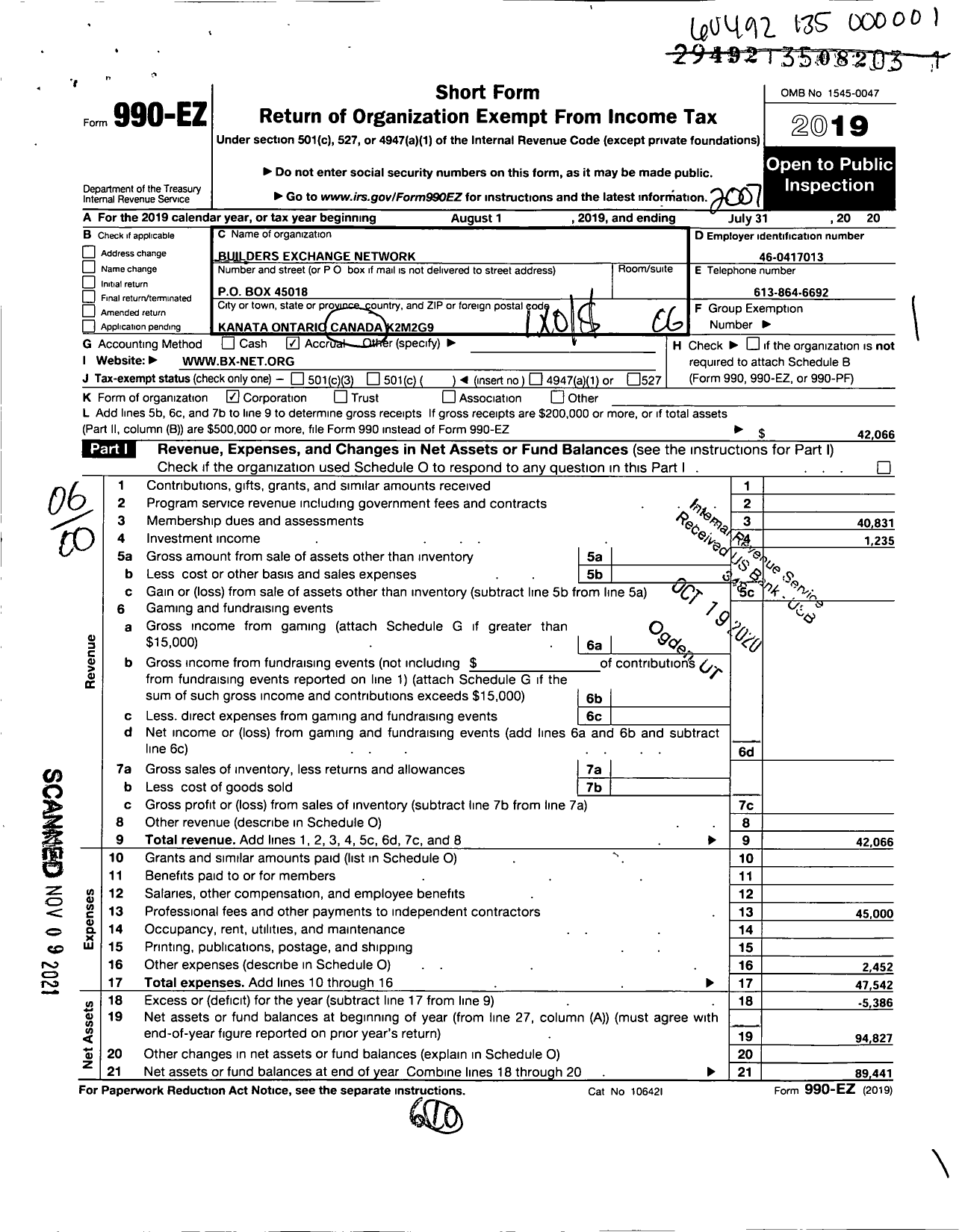 Image of first page of 2019 Form 990EO for Builders Exchange Network