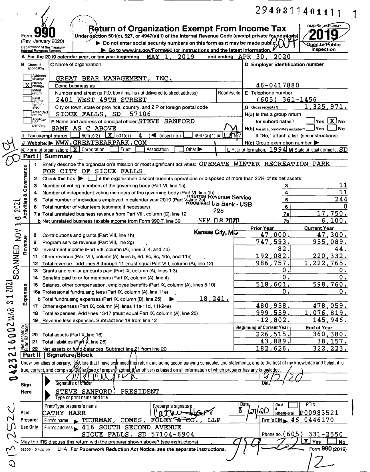 Image of first page of 2019 Form 990O for Great Bear Management
