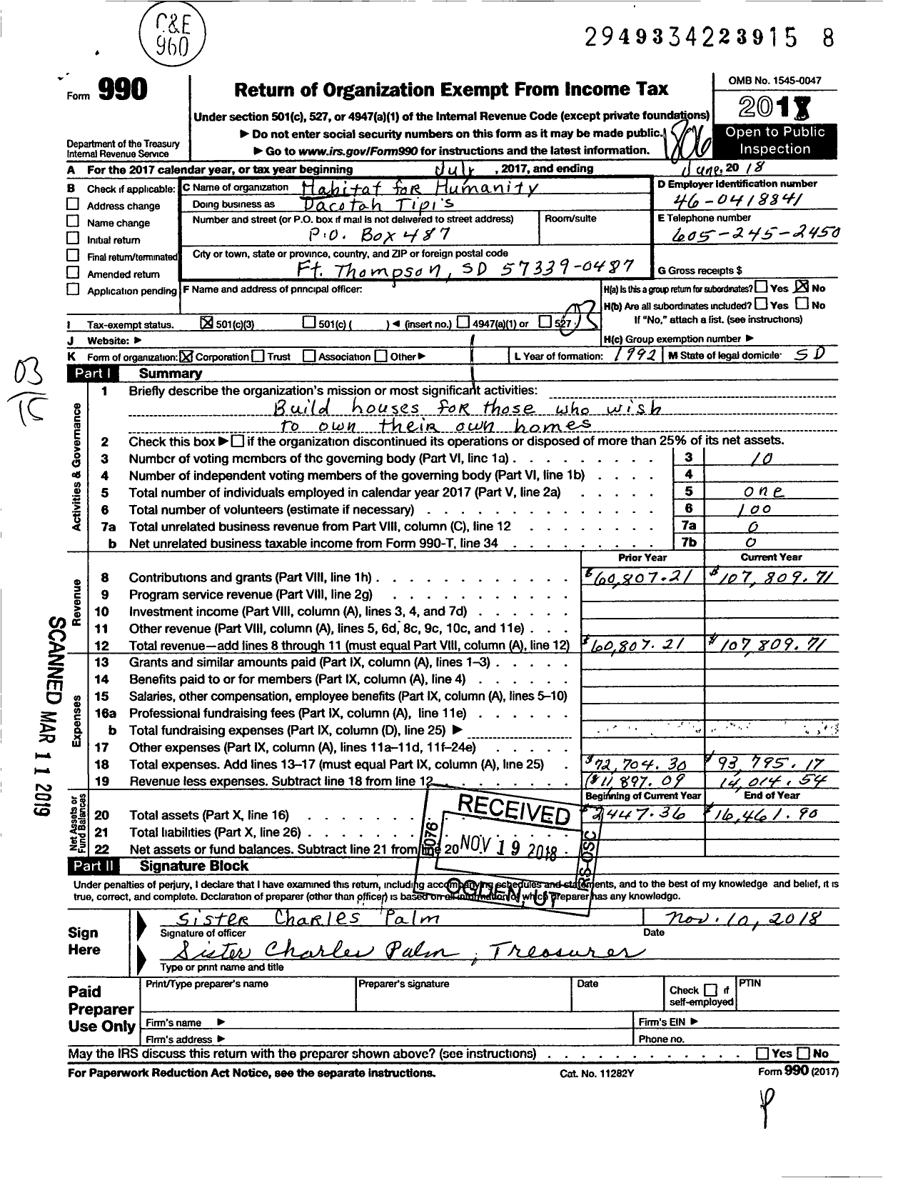 Image of first page of 2017 Form 990 for HABITAT FOR HUMANITY - Dacotah Tipis HFH