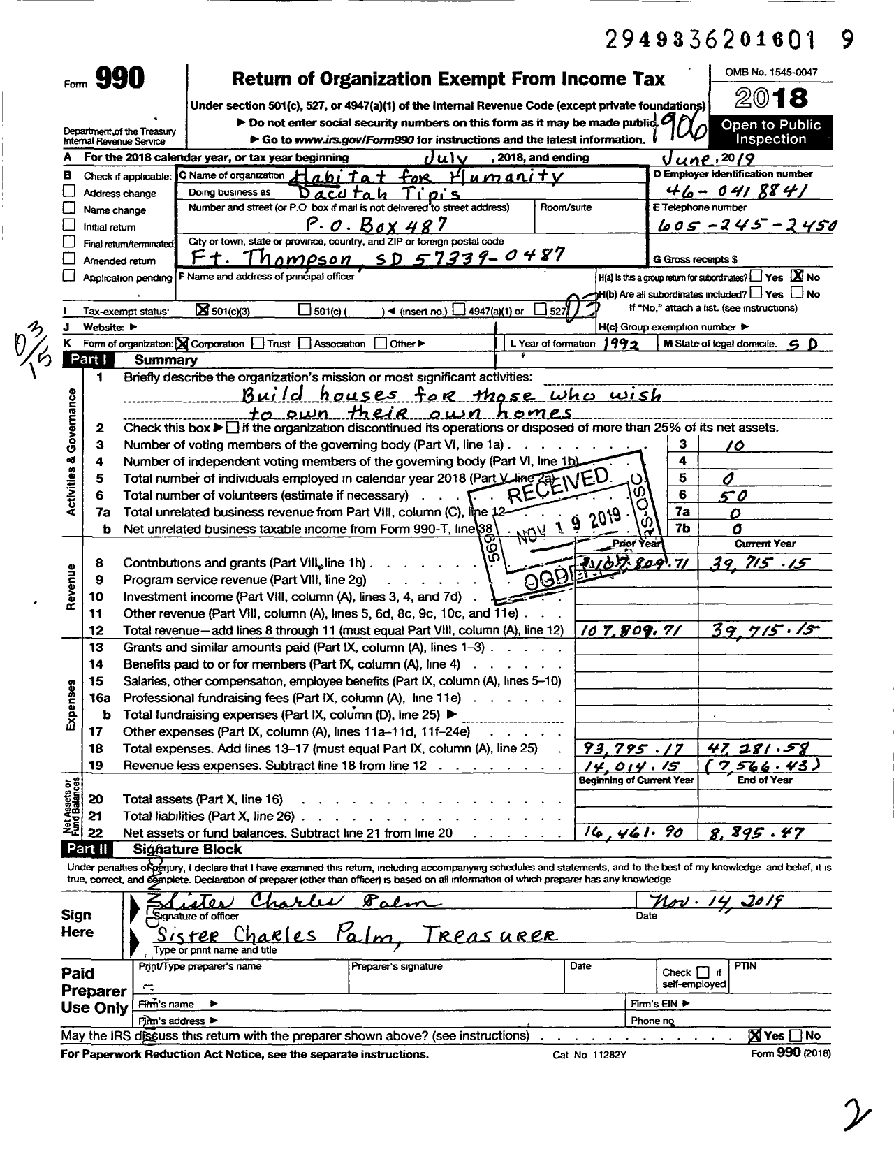 Image of first page of 2018 Form 990 for HABITAT FOR HUMANITY - Dacotah Tipis HFH