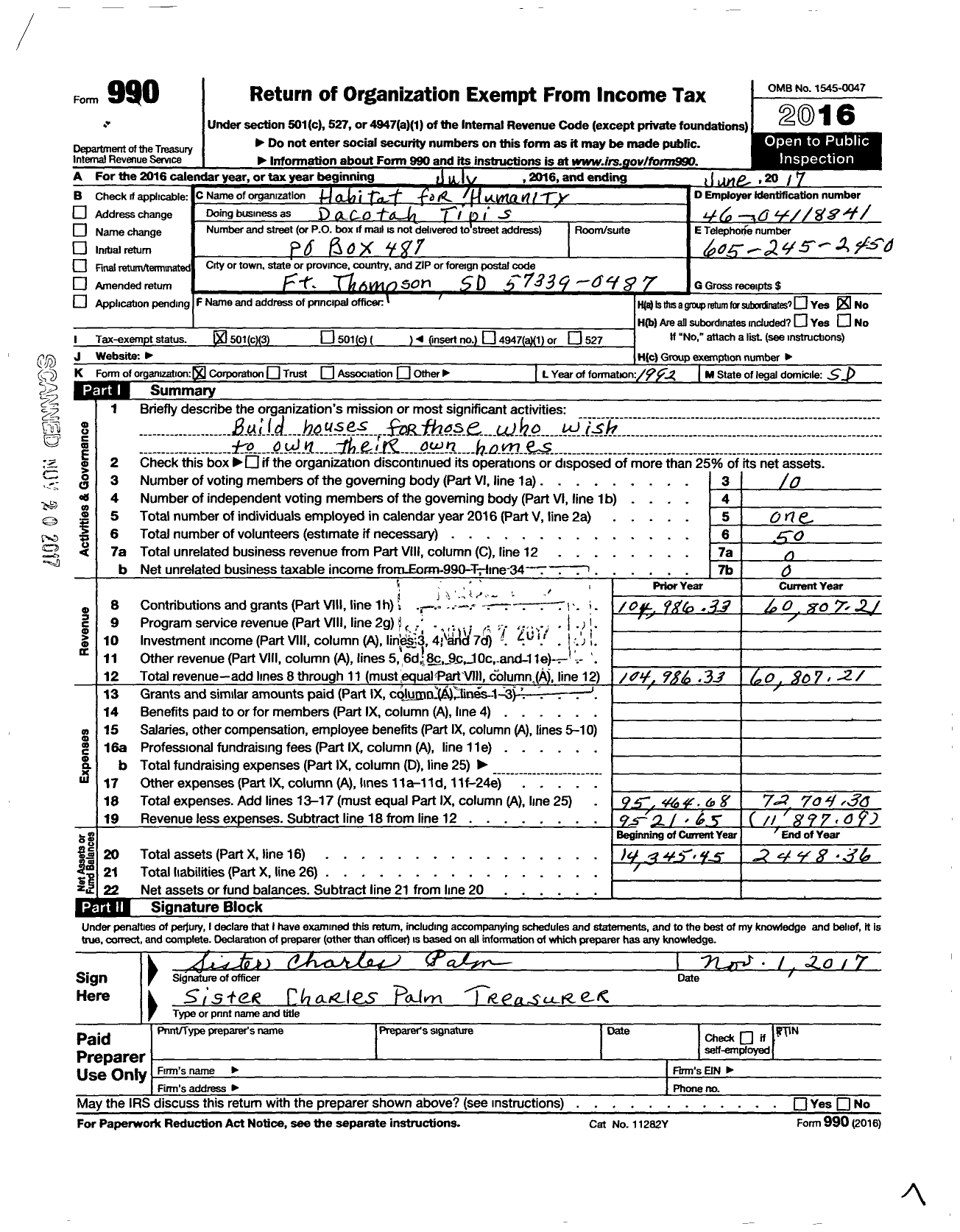 Image of first page of 2016 Form 990 for HABITAT FOR HUMANITY - Dacotah Tipis HFH