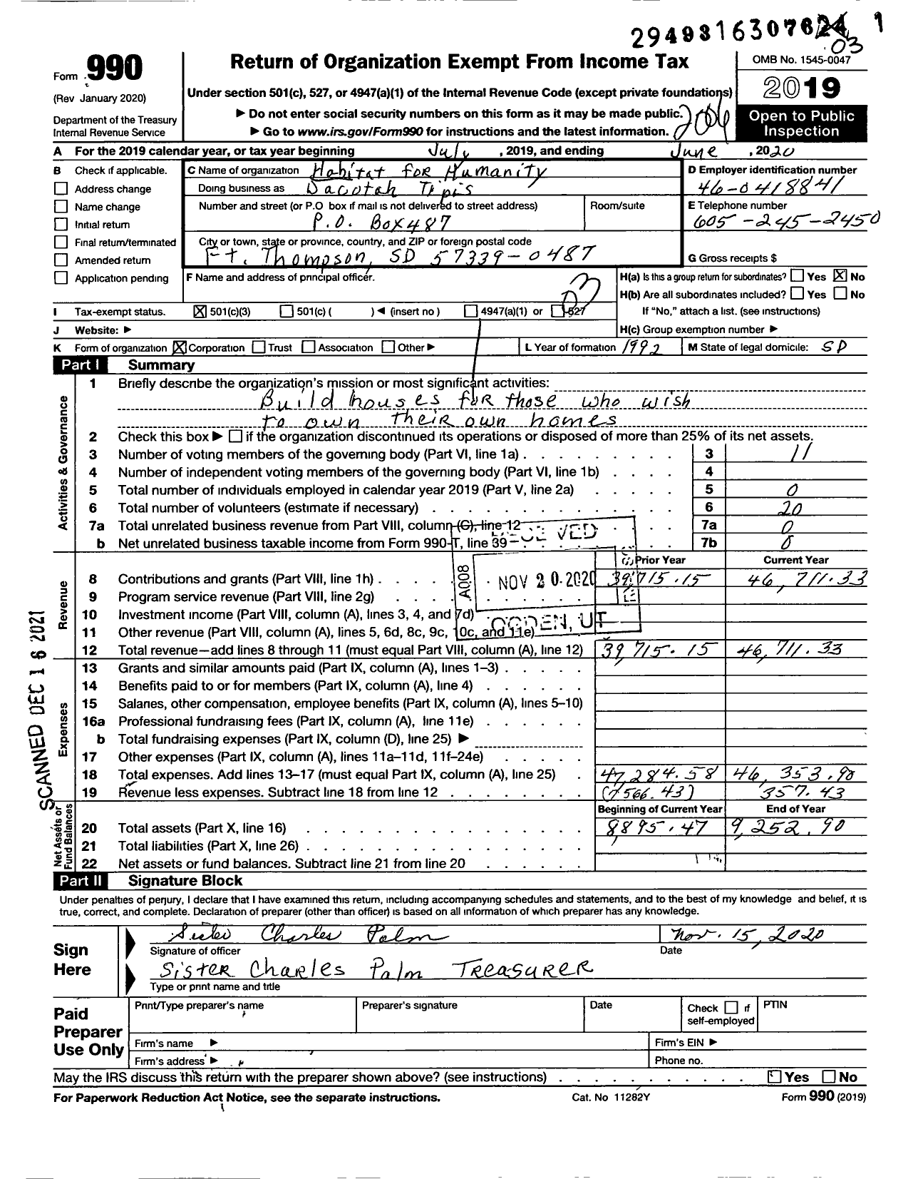 Image of first page of 2019 Form 990 for HABITAT FOR HUMANITY - Dacotah Tipis HFH