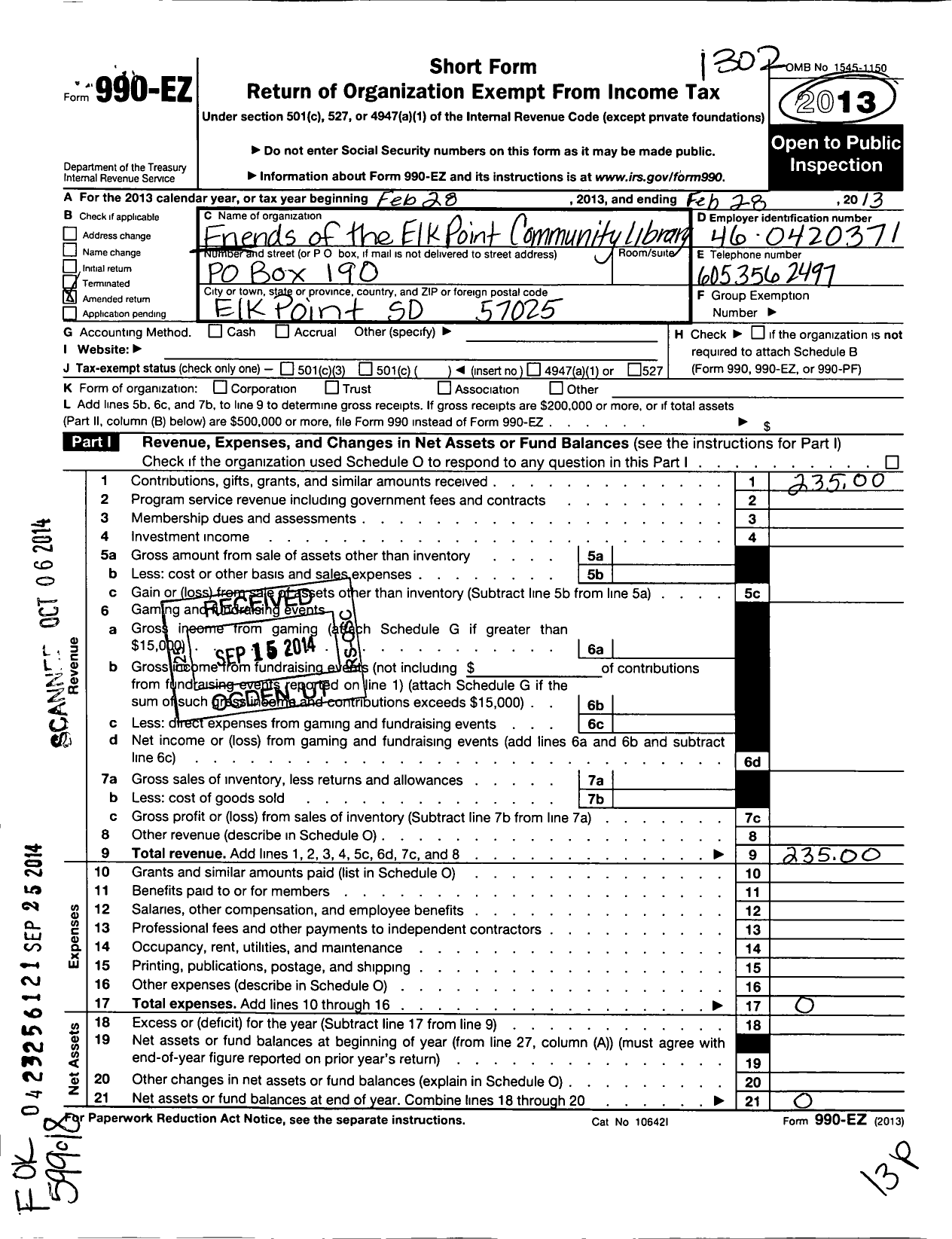 Image of first page of 2012 Form 990EO for Friends of the Elk Point Community Library