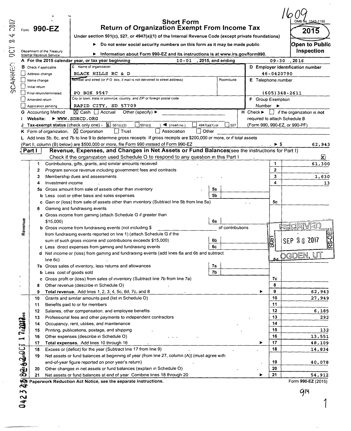 Image of first page of 2015 Form 990EZ for Black Hills RC and D