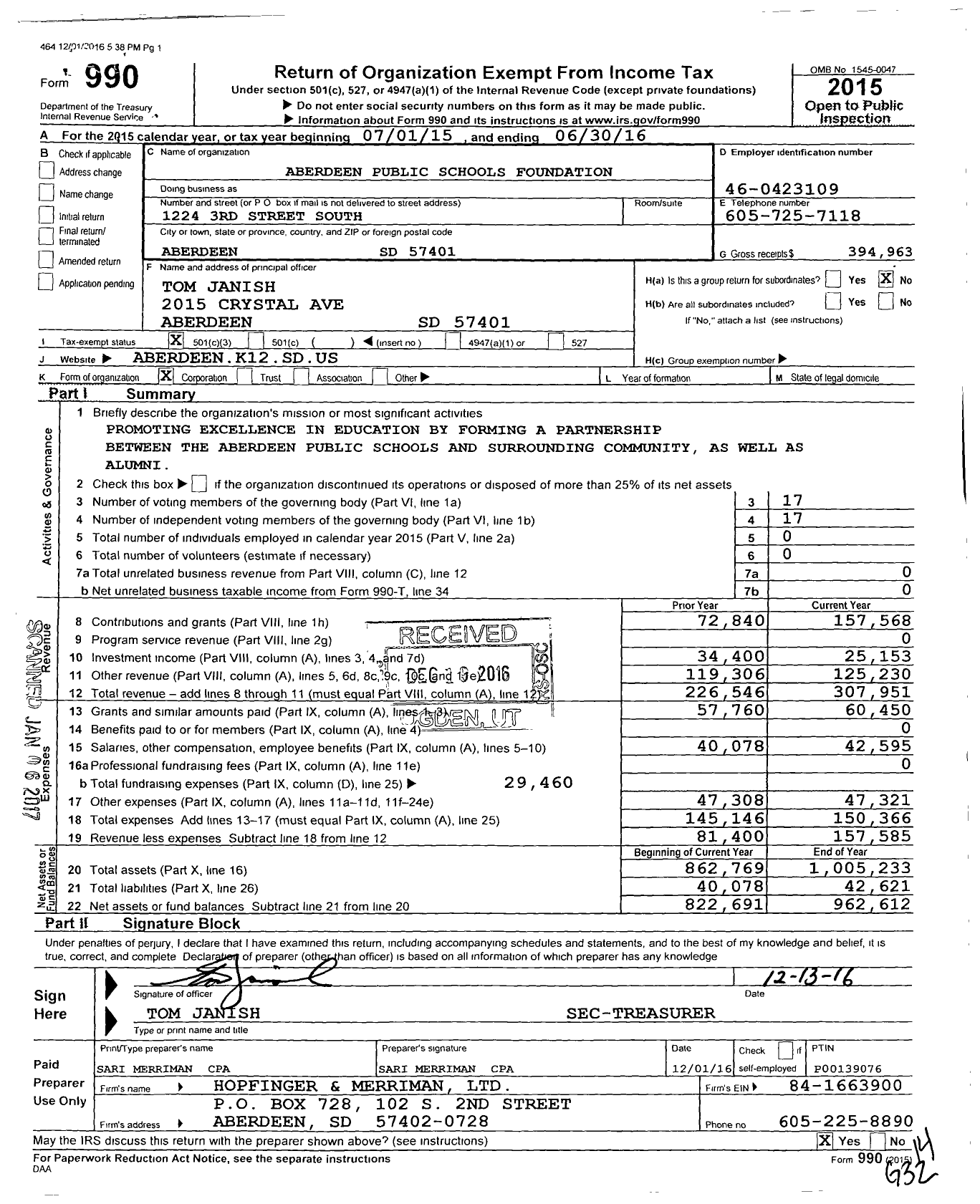 Image of first page of 2015 Form 990 for Aberdeen Public Schools Foundation