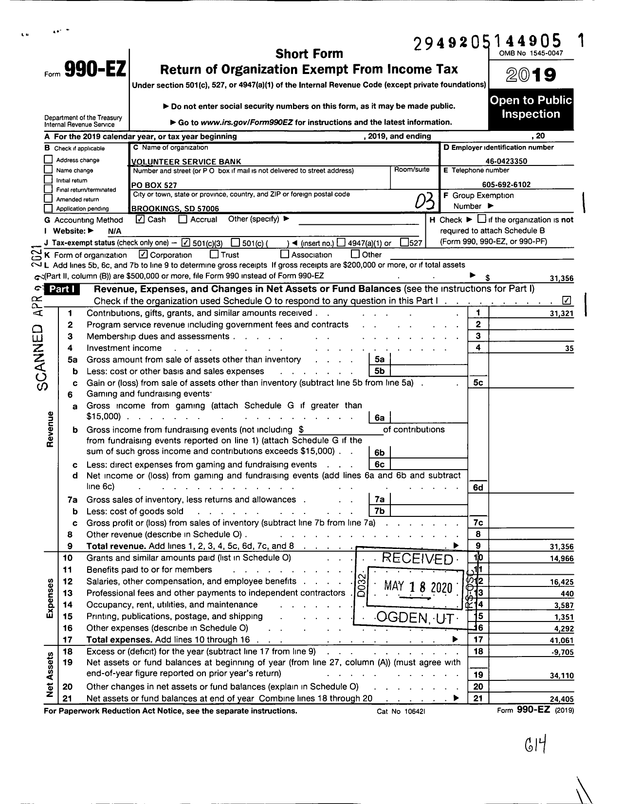 Image of first page of 2019 Form 990EZ for Volunteer Service Bank